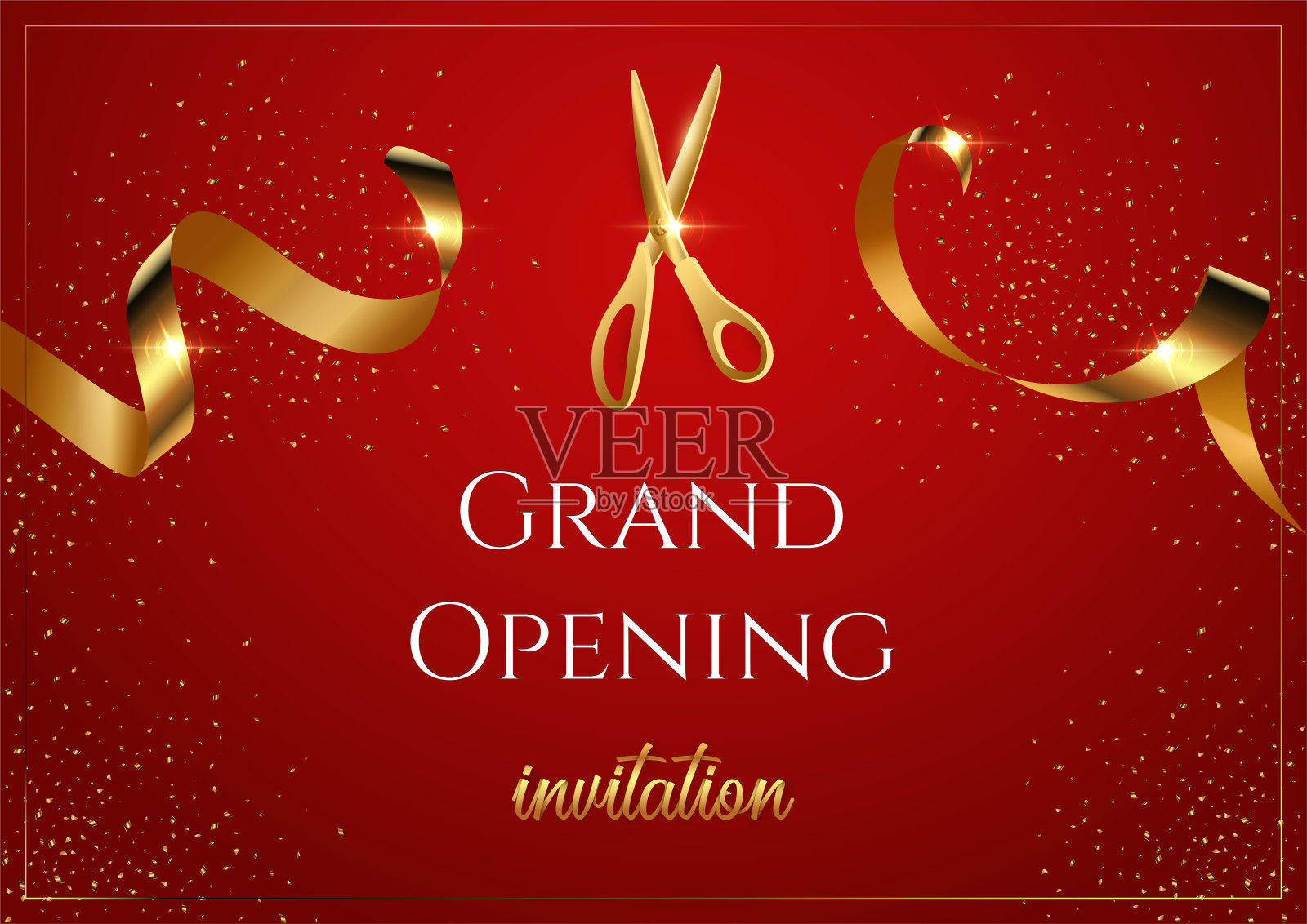 盛大的开幕邀请红矢量横幅。闪亮的剪刀剪着金色的丝带设计模板素材