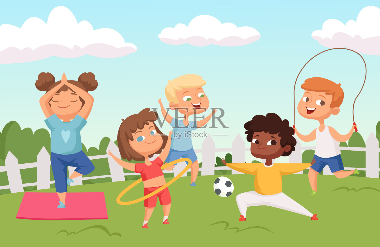 快乐活泼的孩子角色。夏季户外活动-童年矢量背景插画图片素材