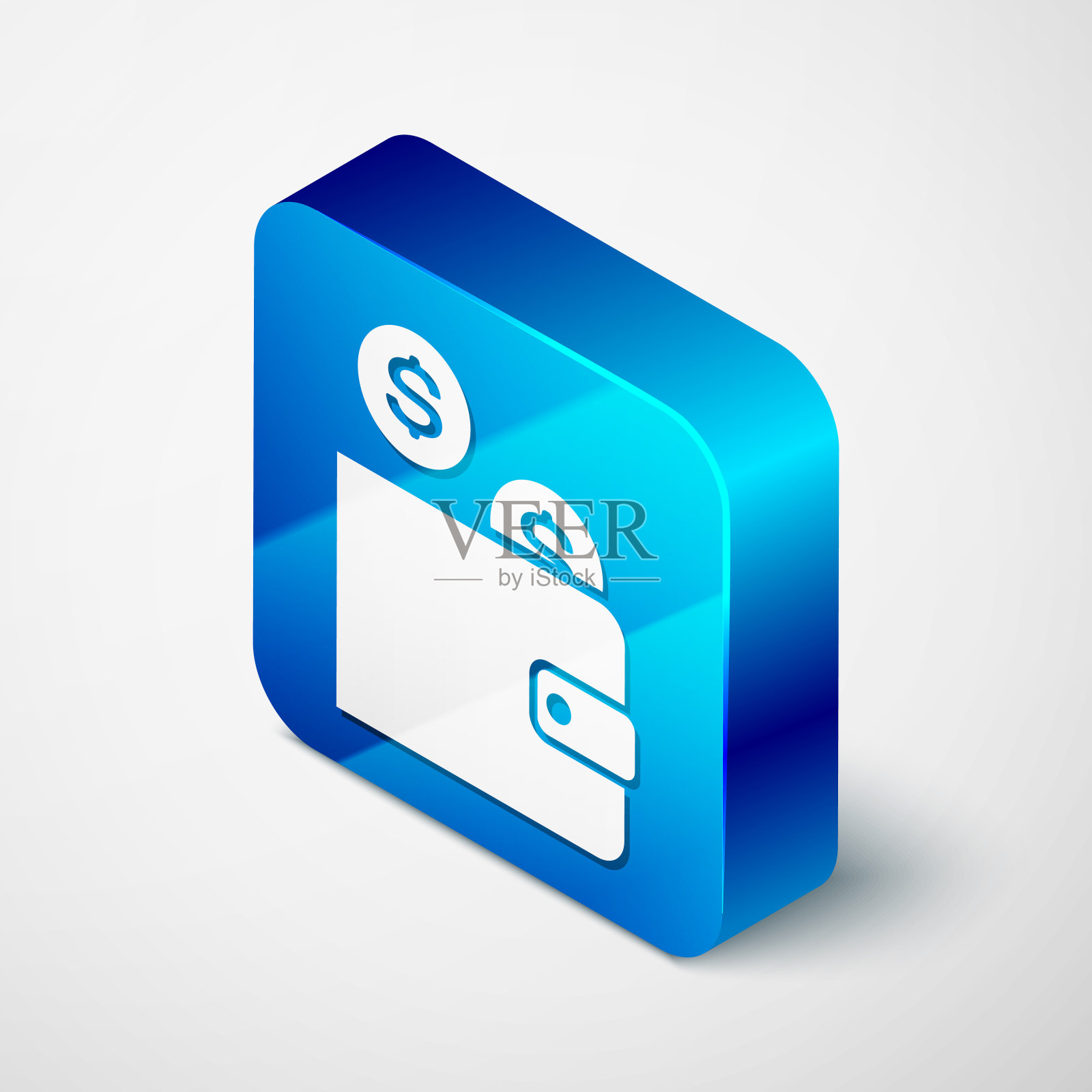 等距钱包与硬币图标孤立在白色背景。钱的钱包。美元硬币的象征。蓝色方块按钮。矢量图插画图片素材