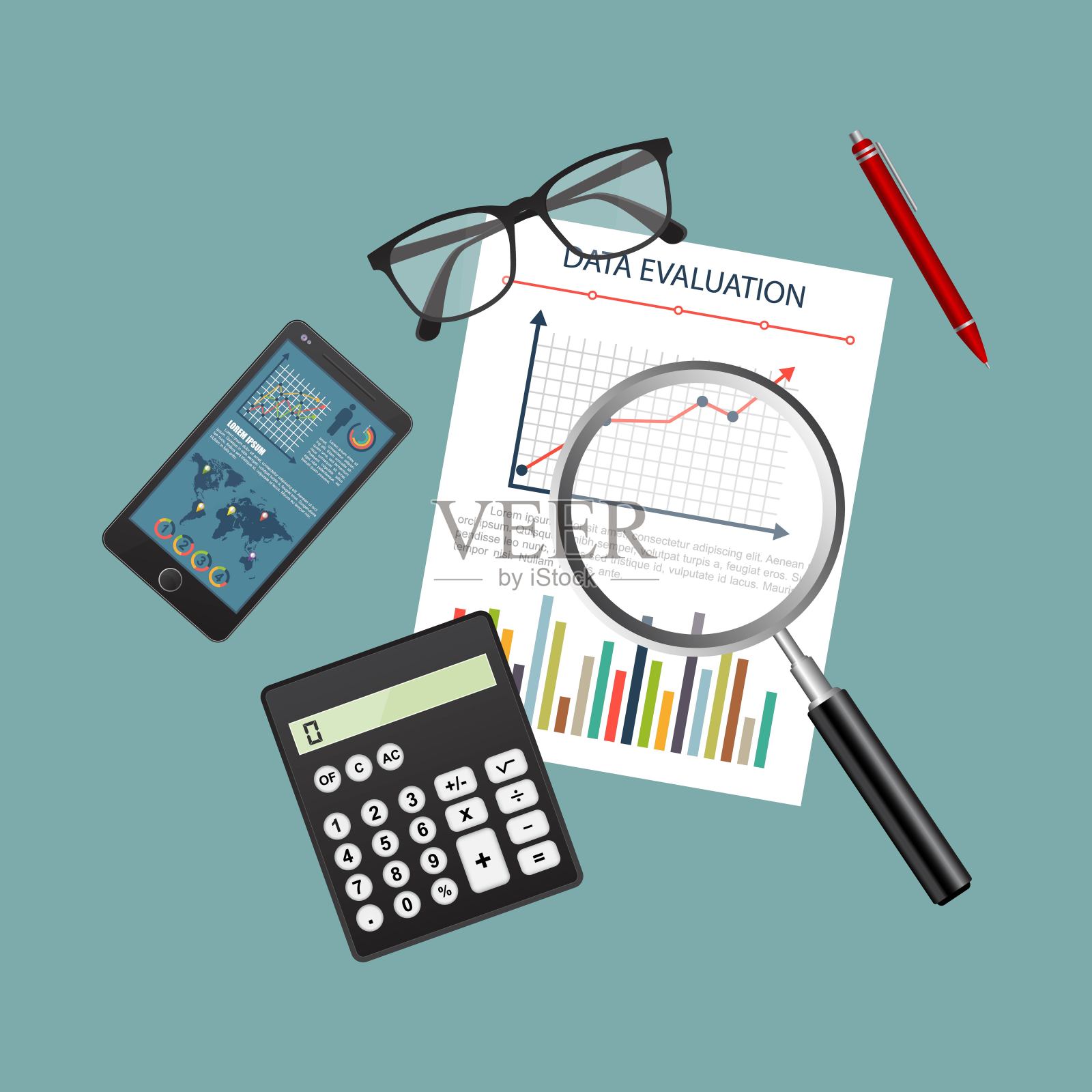 审计概念。现实设计会计、研究、计算、管理、财务分析。前视图。具有桌面元素的业务背景。插画图片素材