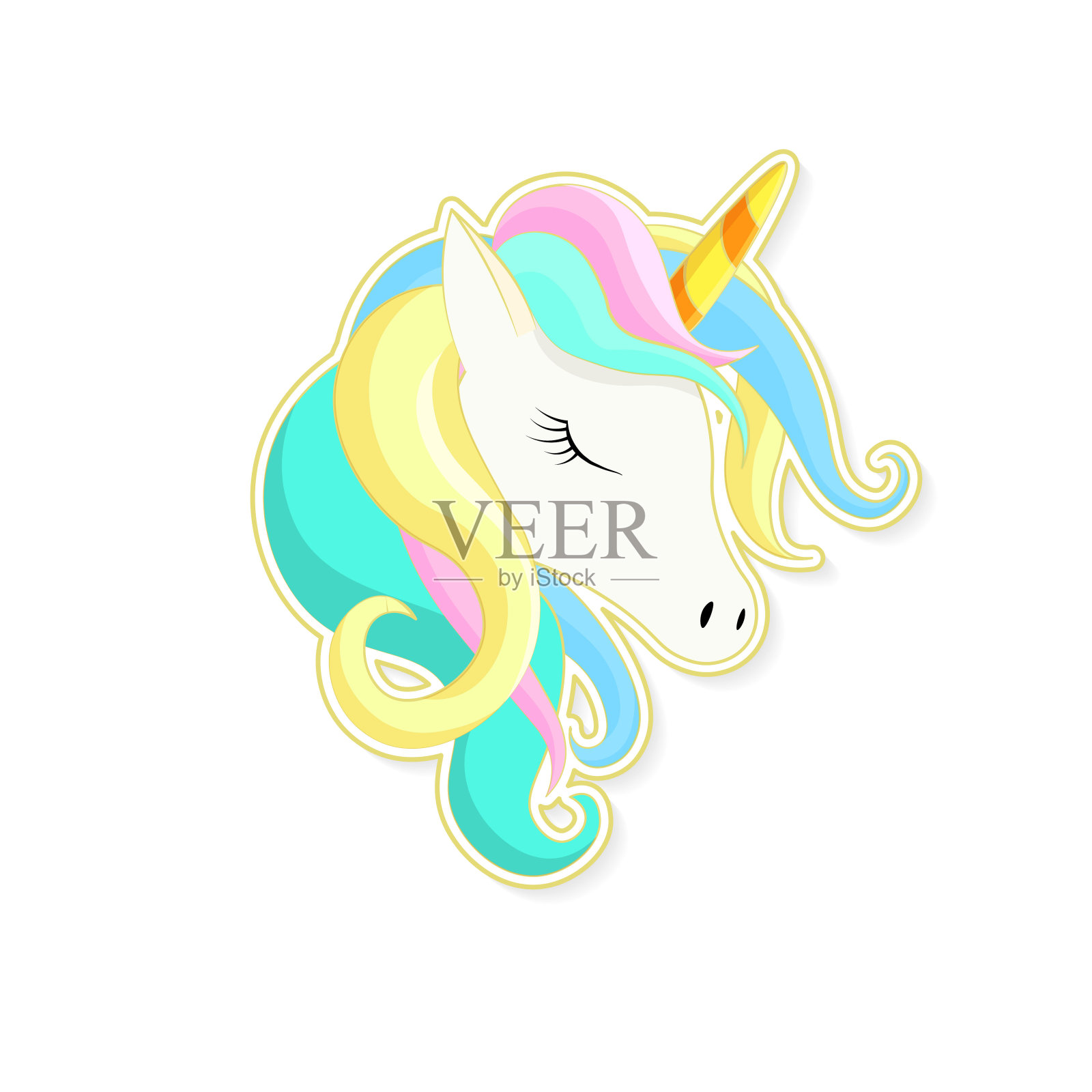 独角兽可爱卡通在扁平风格的衣服或作为类型，徽章，图标，贺卡，海报，t恤，邀请，横幅模板。插画图片素材