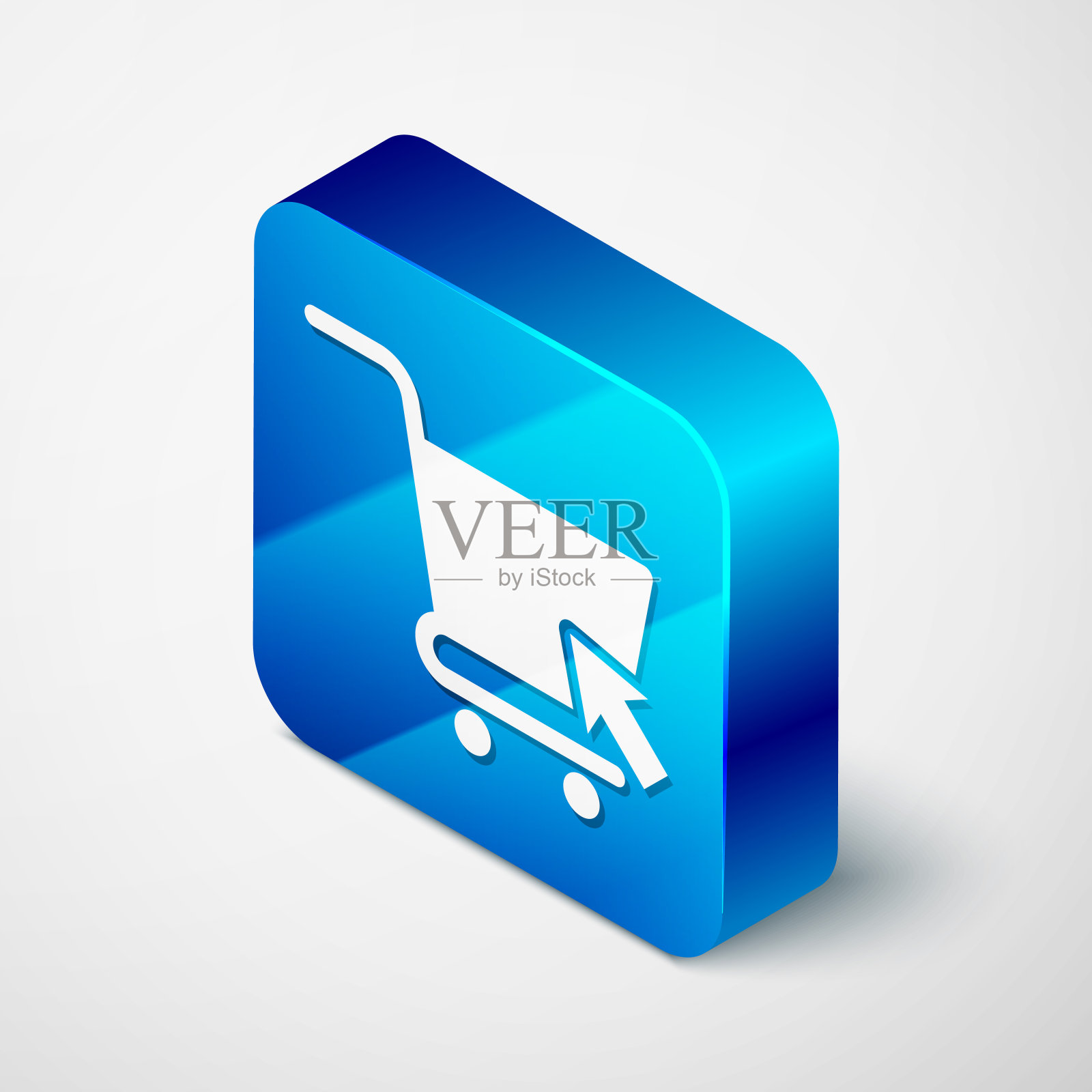 等距购物车与光标图标隔离在白色背景。网上购物的概念。送货服务信号。超市篮的象征。蓝色方块按钮。矢量图设计元素图片