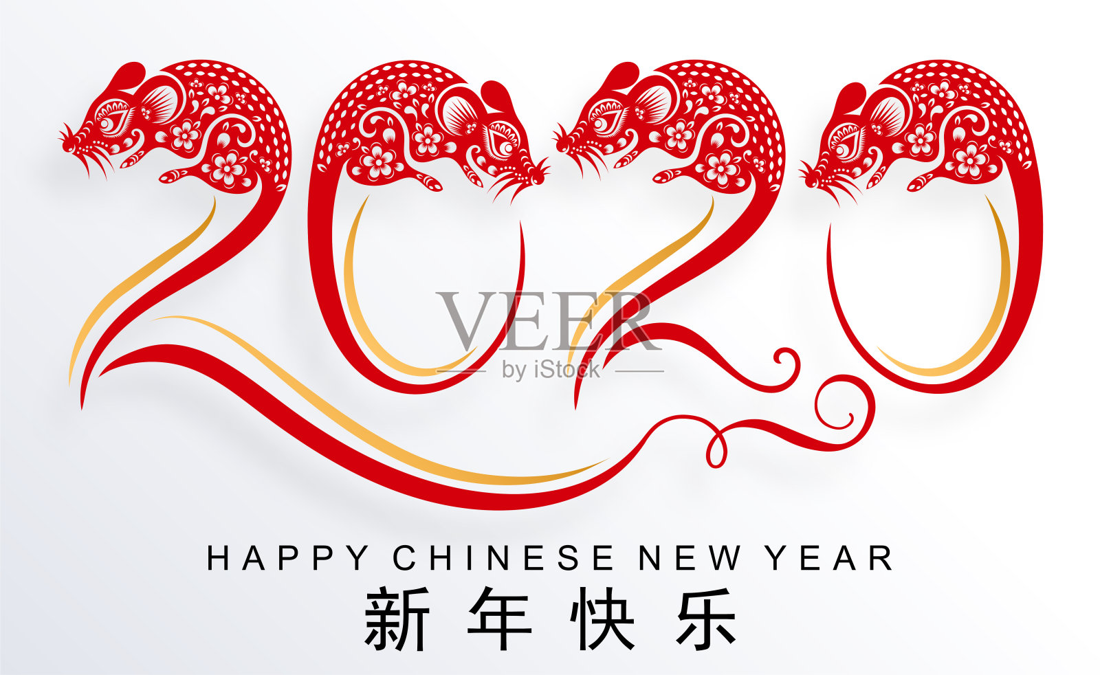 鼠年生肖，花和亚洲元素以金纸剪纸艺术工艺风格在红色背景为问候卡，请柬。(翻译:新年快乐)插画图片素材