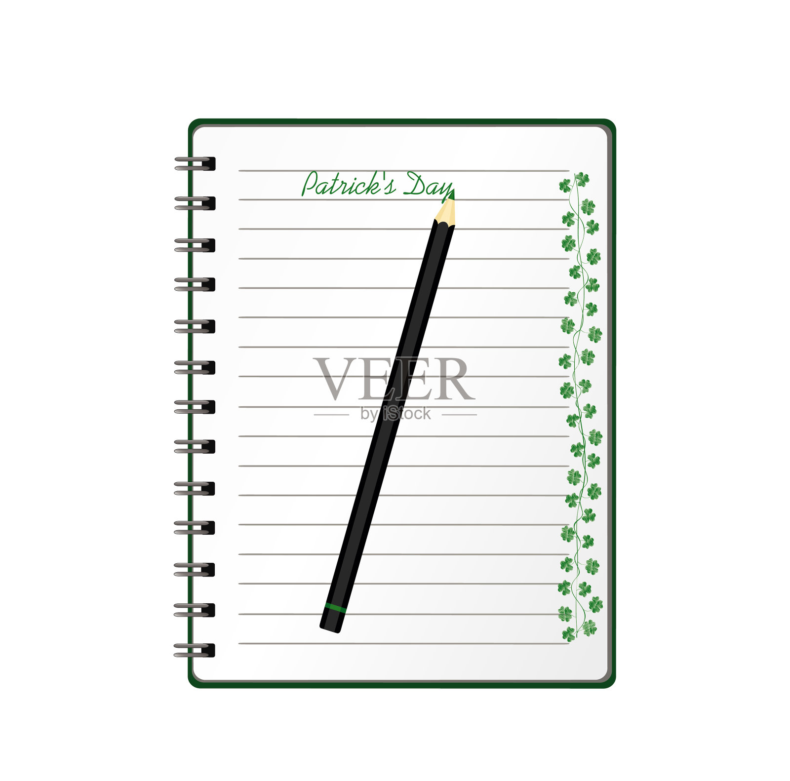笔记本与模板手绘绿色节日彩旗与三叶草和铅笔。爱尔兰节日——三叶草花环的圣帕特里克节快乐。节日贺卡。向量。一个现实的记事本。办公文具。的笔记插画图片素材