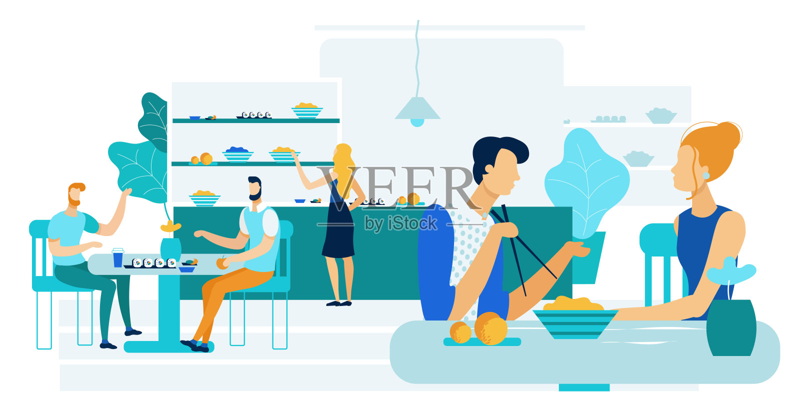 办公室工作人员一起午餐矢量插图。插画图片素材