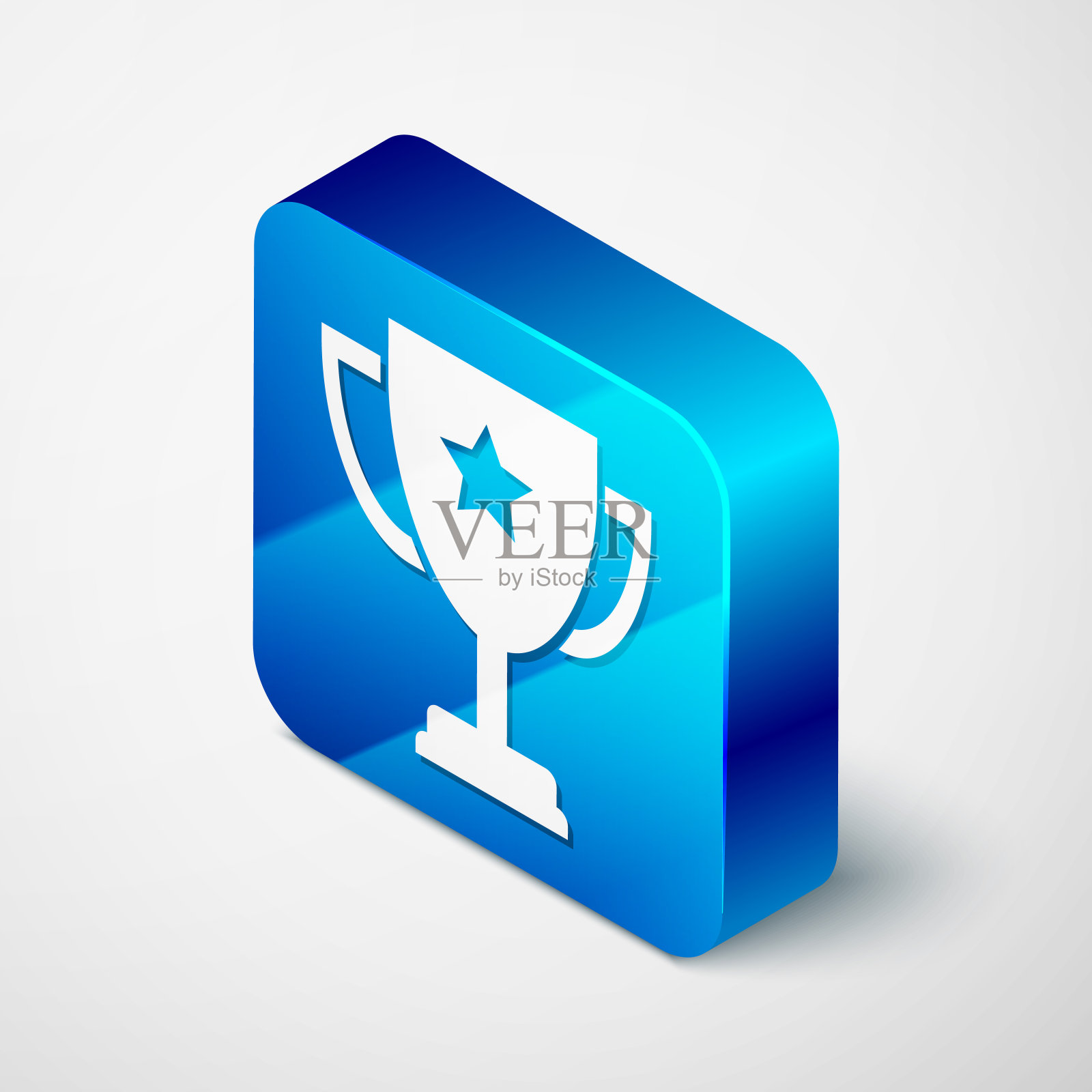 等距奖杯杯图标孤立在白色背景。奖的象征。冠军奖杯图标。蓝色方块按钮。矢量图插画图片素材