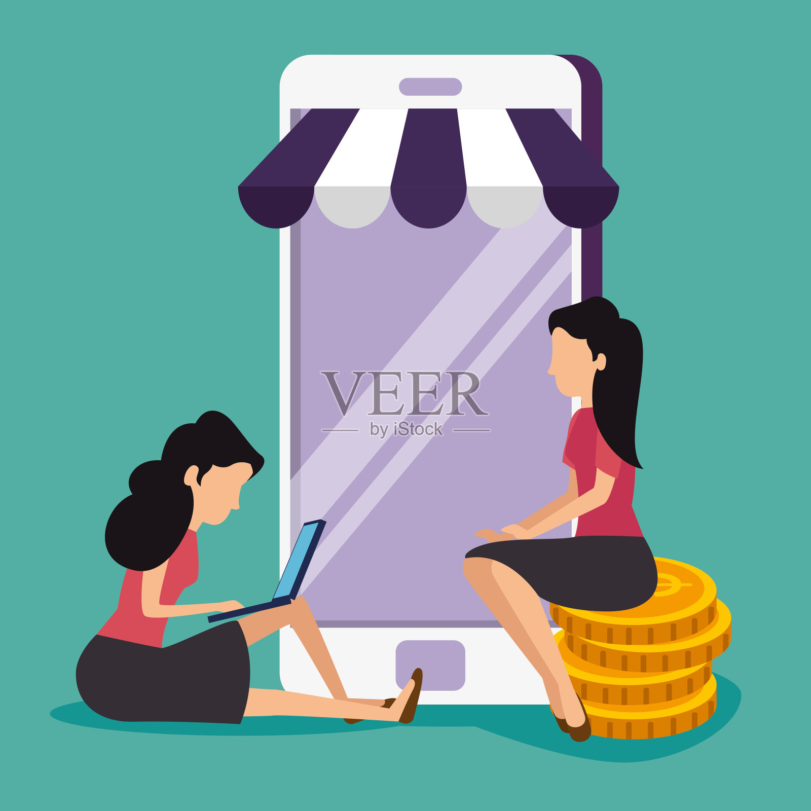 女性用智能手机和触控技术进行在线销售插画图片素材