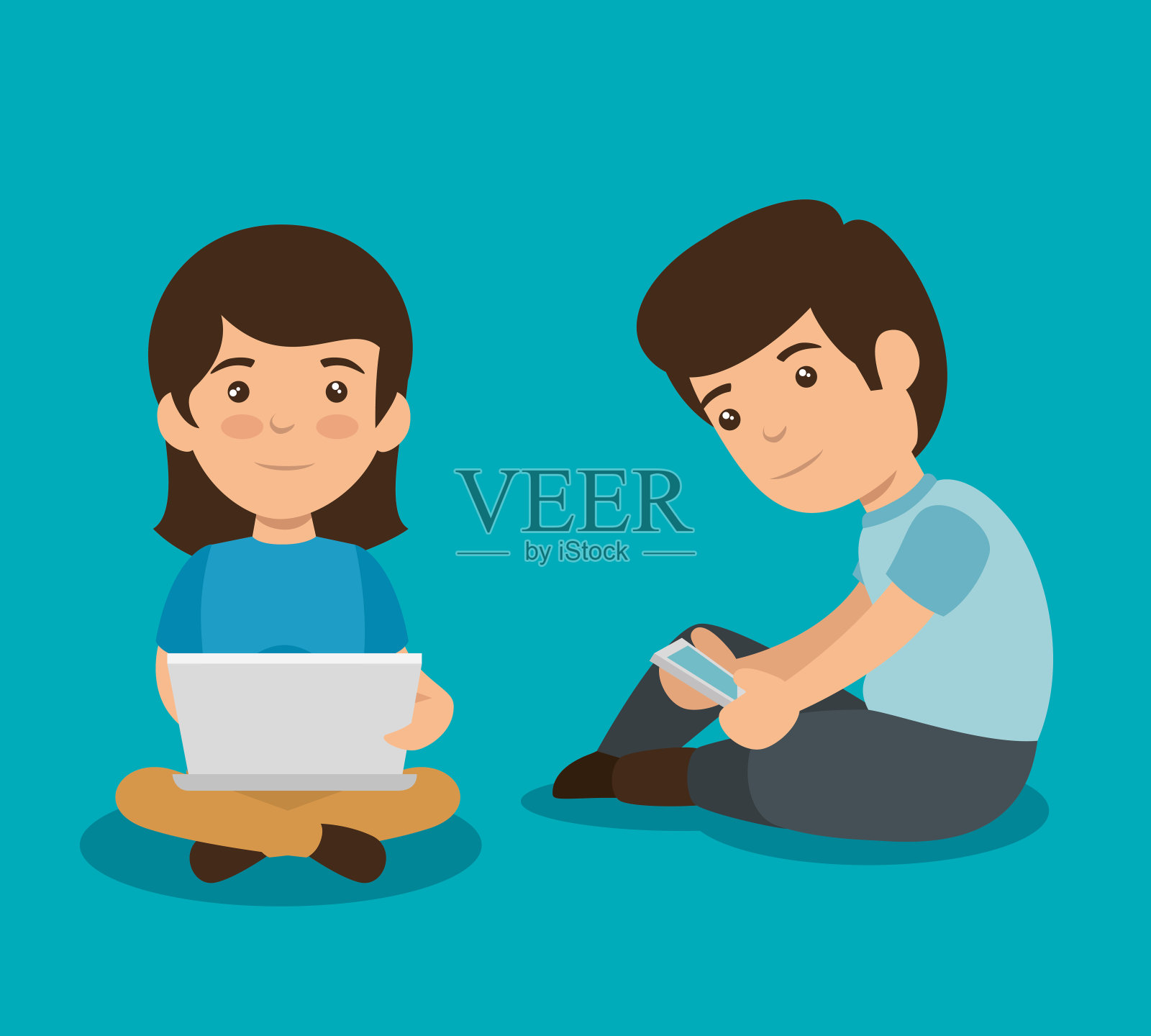 女孩和男孩用笔记本电脑和智能手机技术插画图片素材