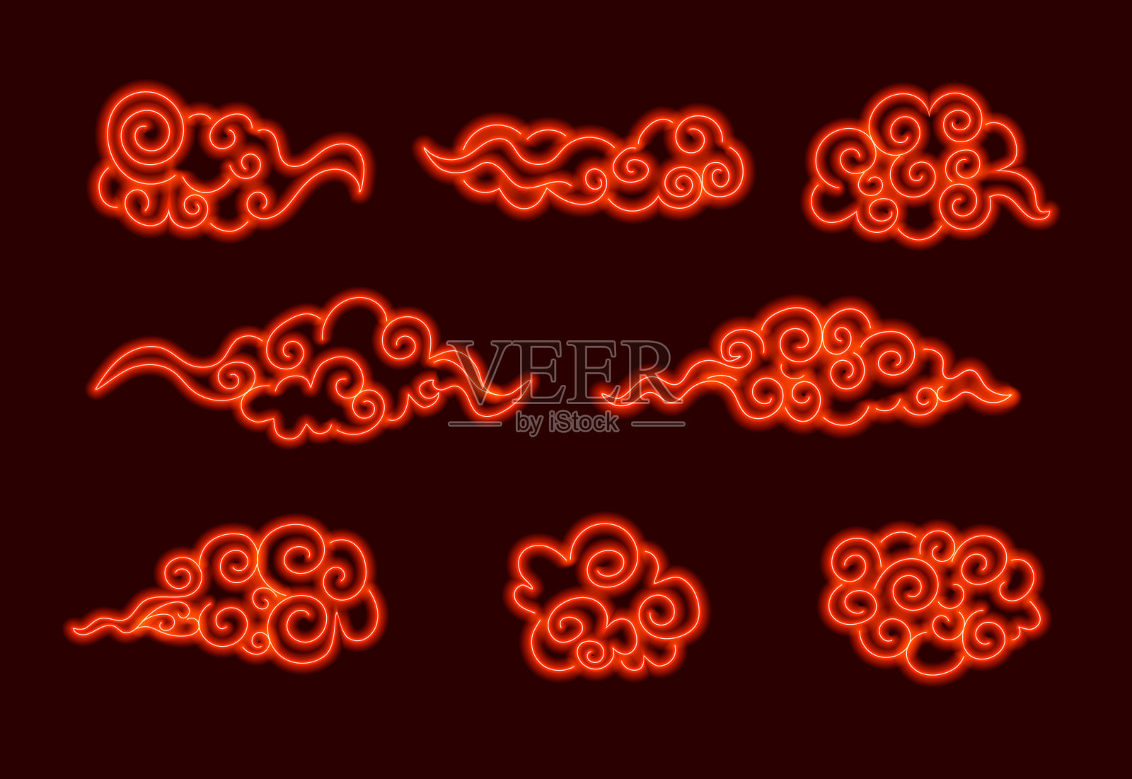 矢量霓虹东方云彩，发光插图设置在黑暗的背景。插画图片素材