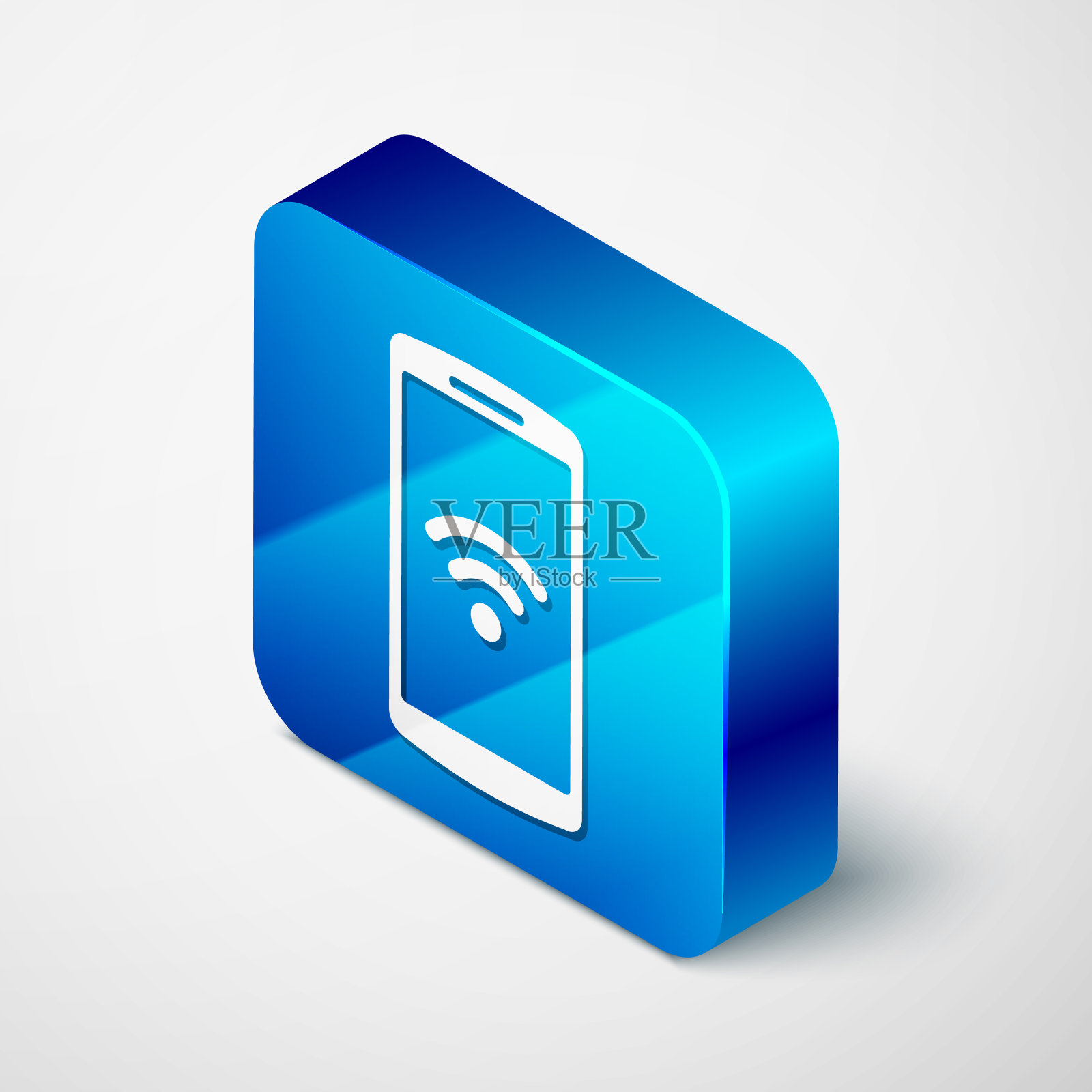 等距智能手机与免费wi-fi无线连接图标在白色背景。无线技术，wi-fi连接，无线网络，热点概念。蓝色方块按钮。矢量图图标素材