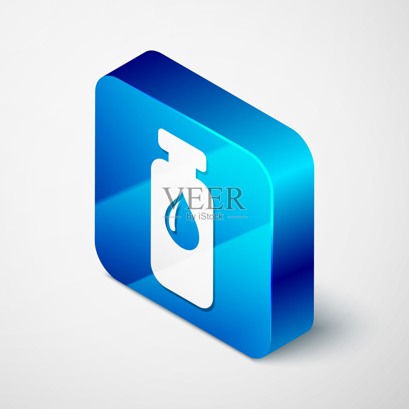 等距医用瓶，安瓿，瓶子图标孤立在白色背景上。疫苗、注射、疫苗保健理念。蓝色方块按钮。矢量图图标素材