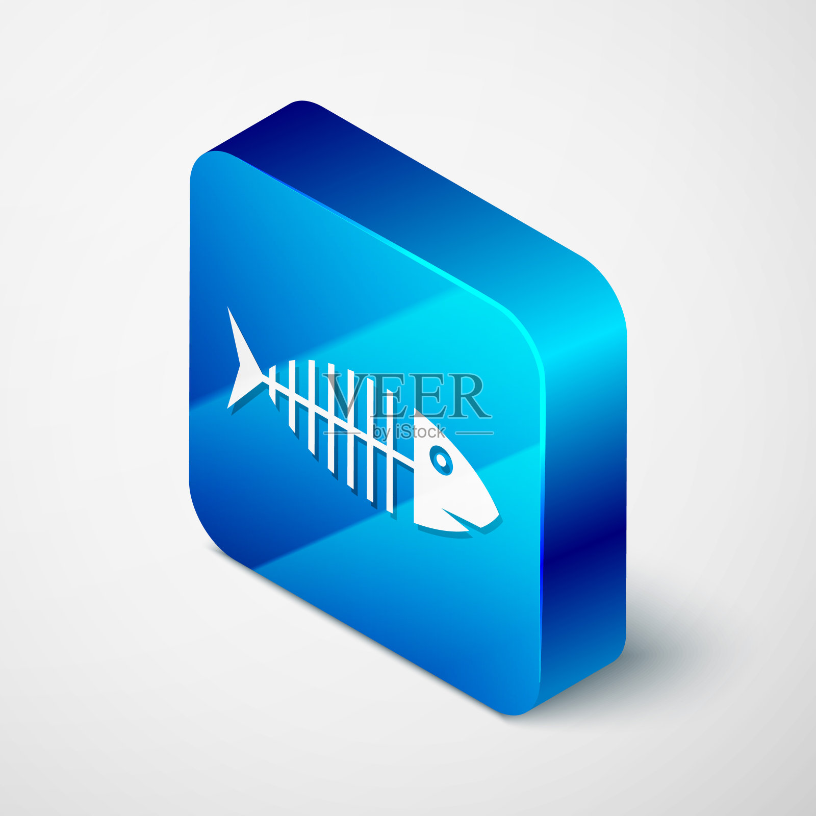 等距鱼骨架图标孤立在白色背景。鱼骨头的迹象。蓝色方块按钮。矢量图图标素材