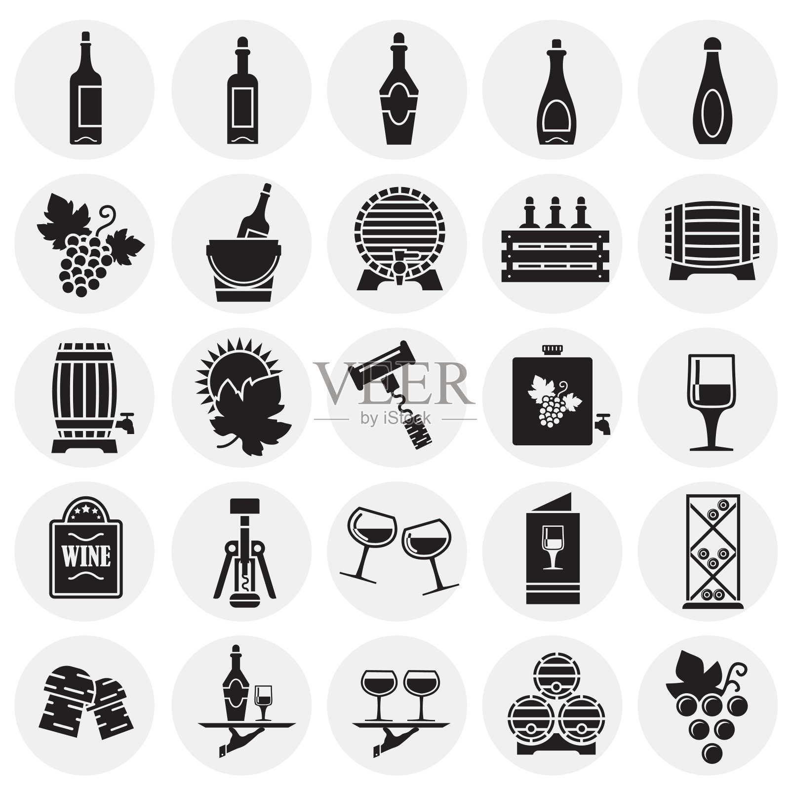 葡萄酒相关图标设置在圆形背景图形和网页设计。简单的矢量信号。网站按钮或手机应用的互联网概念符号。图标素材