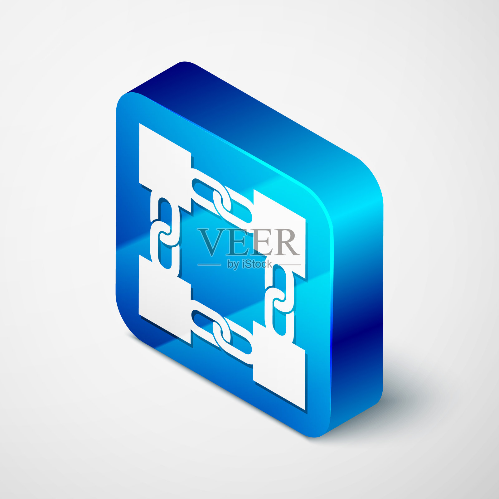 等距区块链技术图标孤立在白色背景。Cryptocurrency数据信号。抽象几何区块链网络技术业务。蓝色方块按钮。矢量图插画图片素材