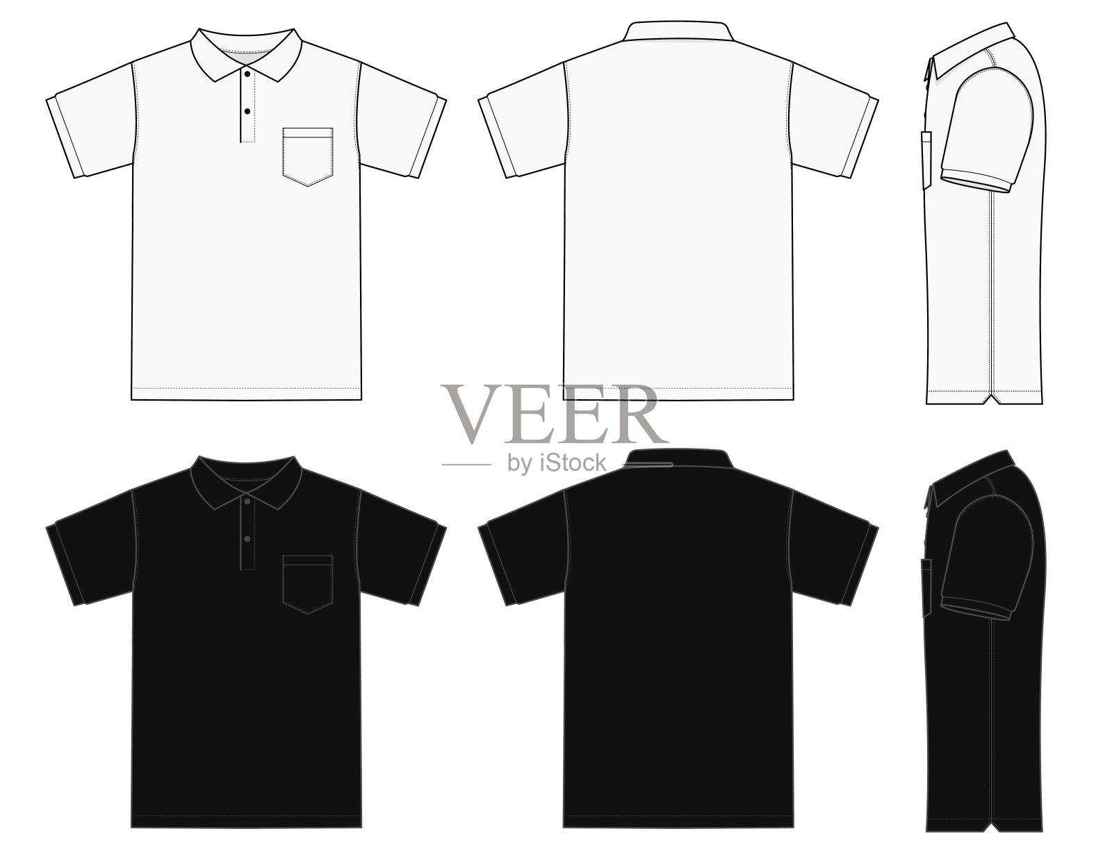 Polo衫(高尔夫衫)模板插图套装(正面/背面/侧面)/黑白插画图片素材