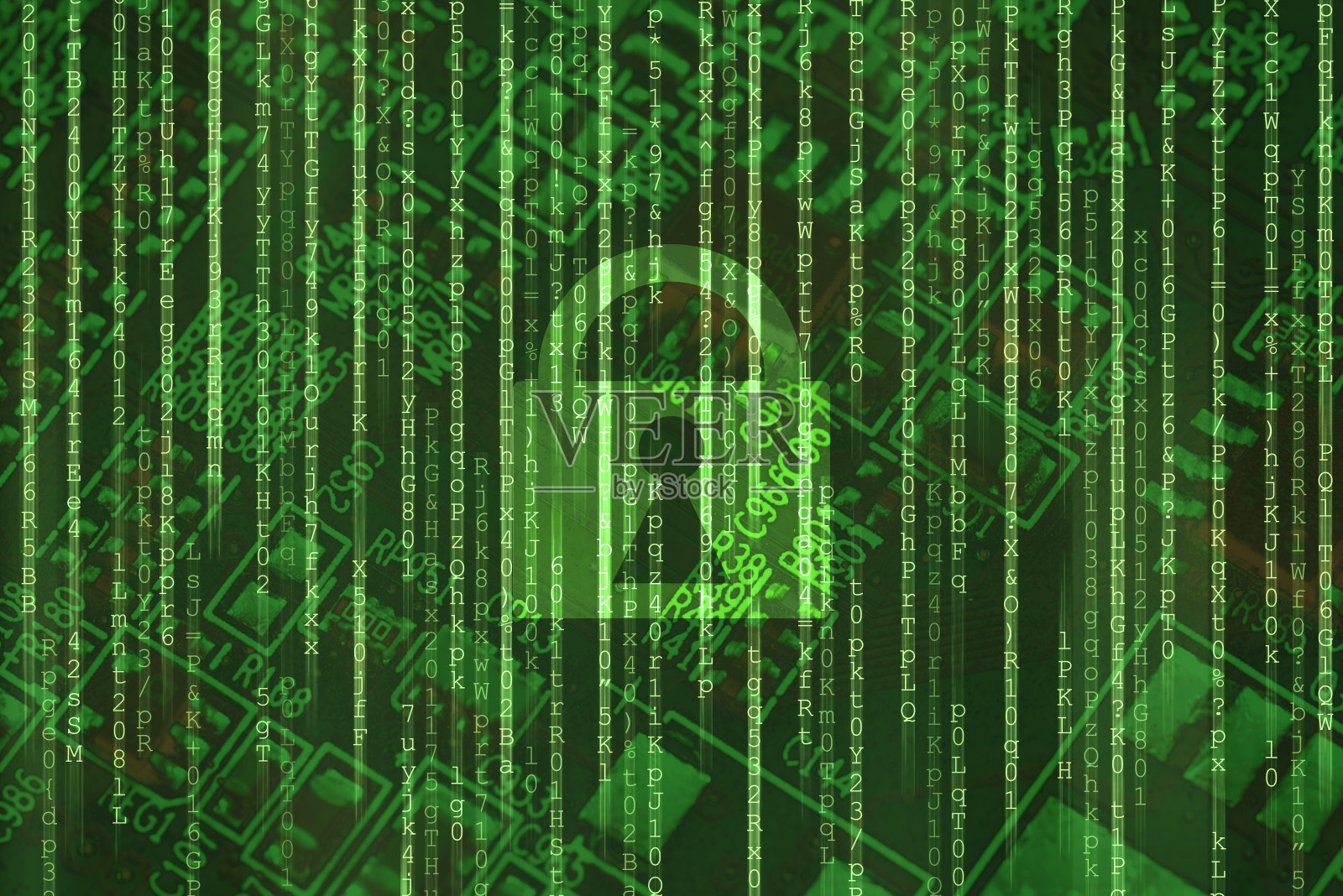 基于二进制矩阵绿色背景的网络安全访问锁互联网在线数据保护。照片摄影图片