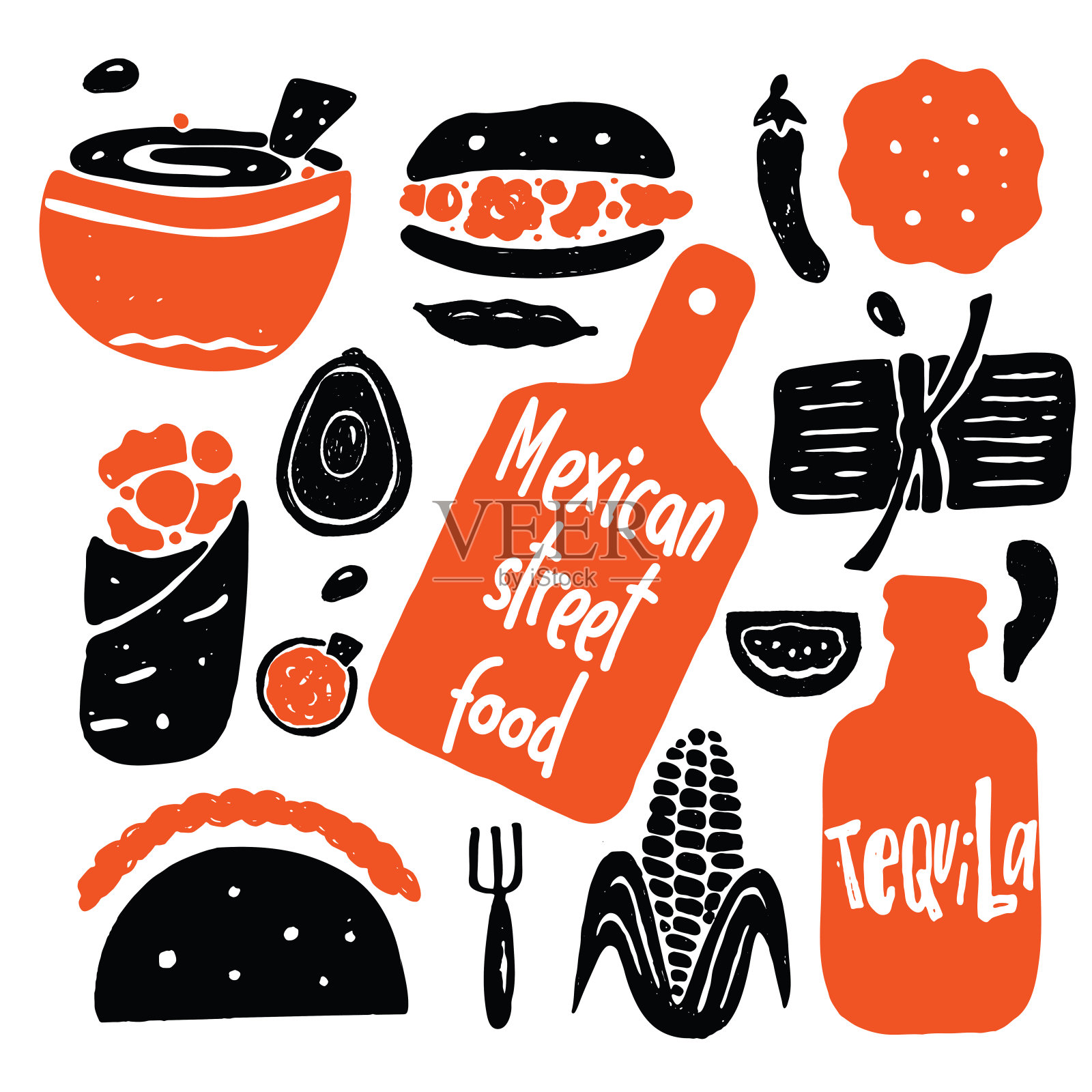 不同的墨西哥街头食物手绘插图，矢量制作插画图片素材