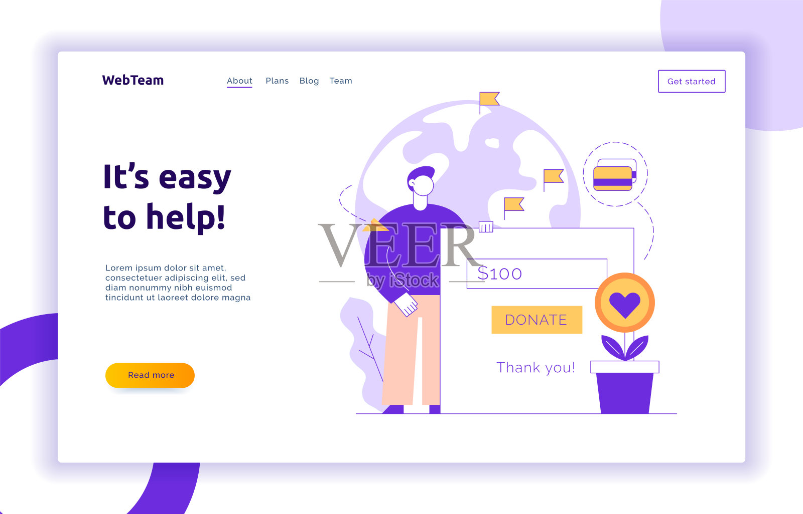 向量捐赠服务旗帜与大的人，心，地球，志愿者插画图片素材