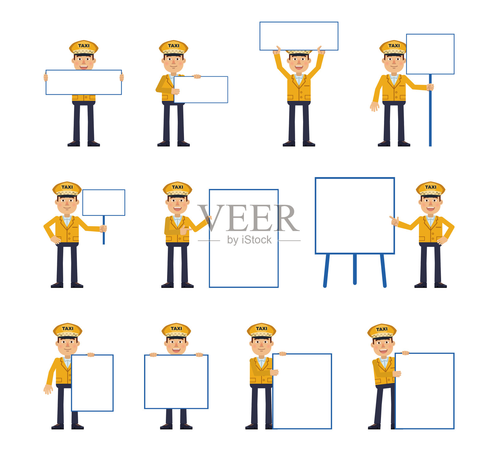 一大组出租车司机，举着不同的空白横幅。开朗的司机手里拿着纸、海报、标语牌，指着白板。教导、宣传、推广插画图片素材