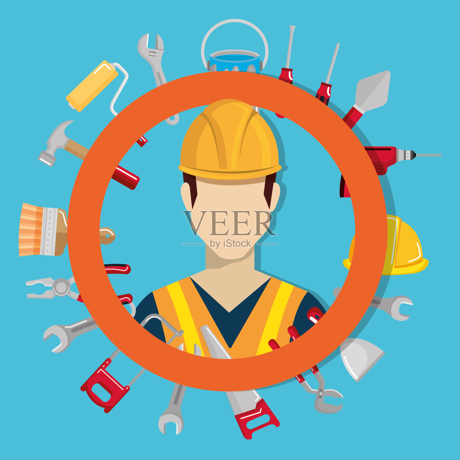 具有建筑设备的建造者角色插画图片素材