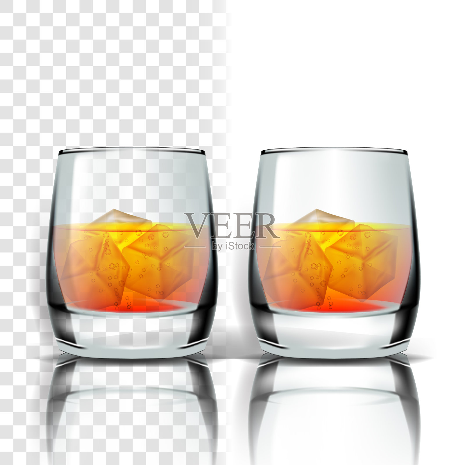 真实的玻璃与威士忌和冰块矢量插画图片素材