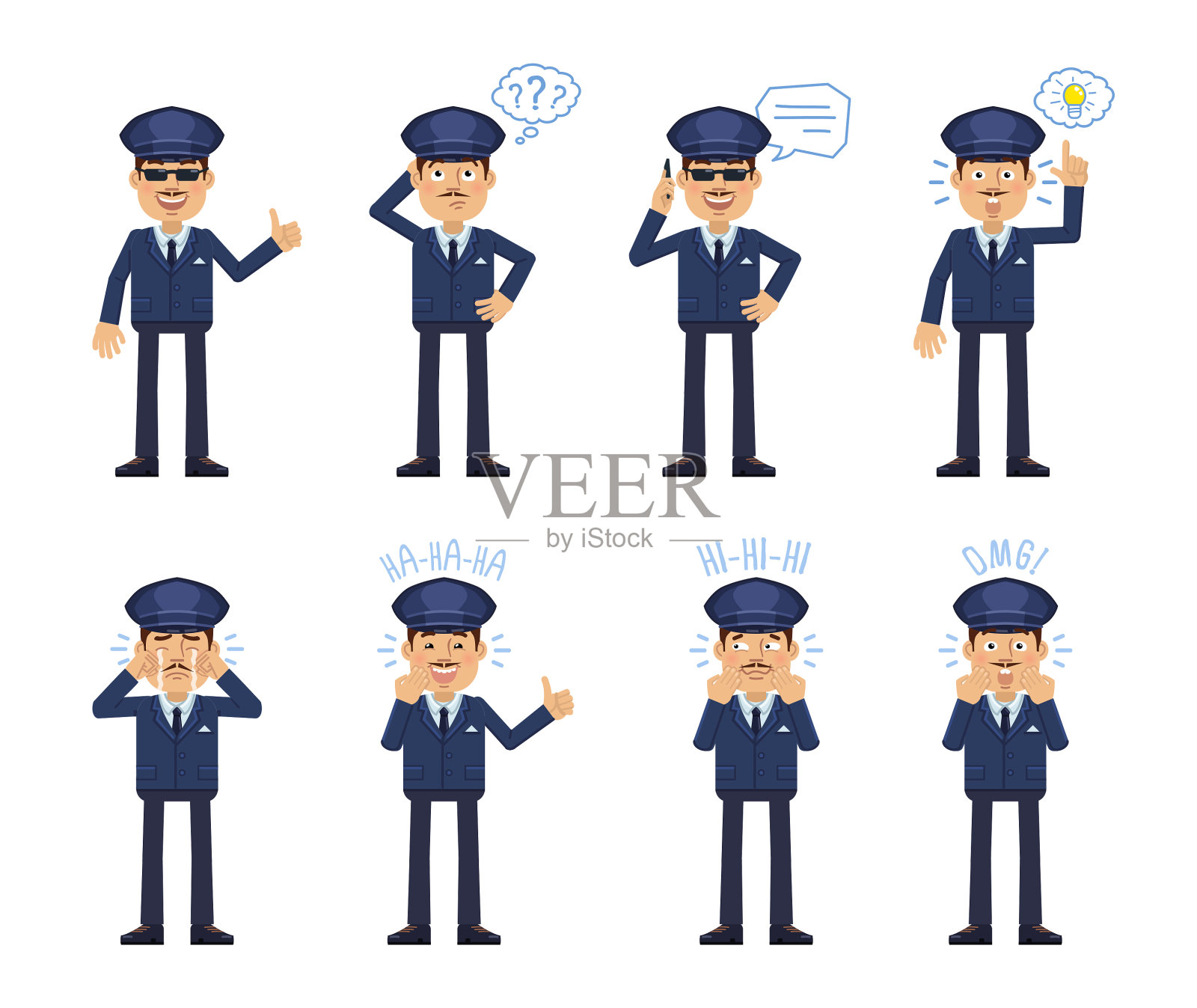 一组在不同情况下摆姿势的司机角色。开朗的司机打电话，思考，向上指，惊讶，笑，哭，笑插画图片素材