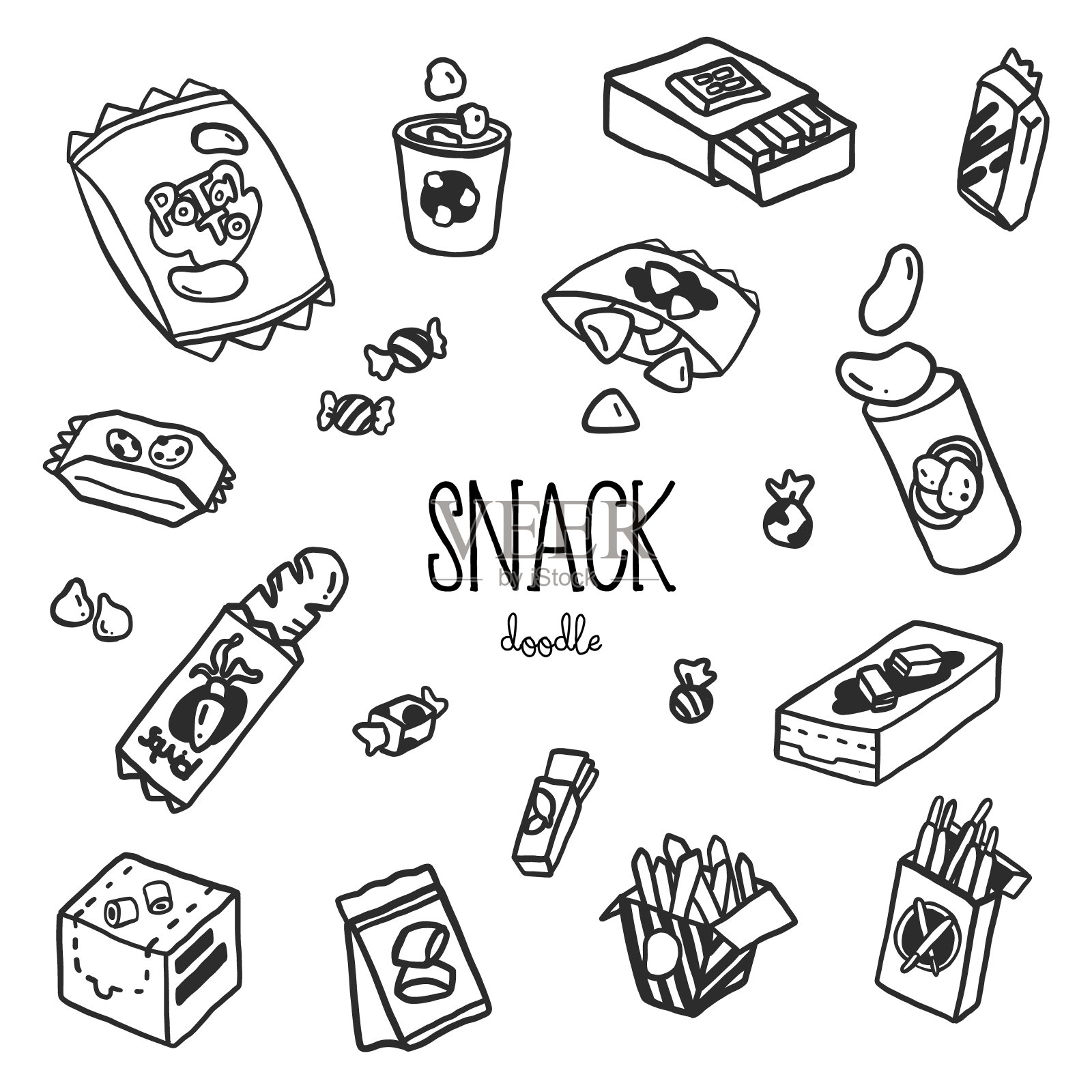手涂鸦风格与零食。涂鸦的零食。插画图片素材