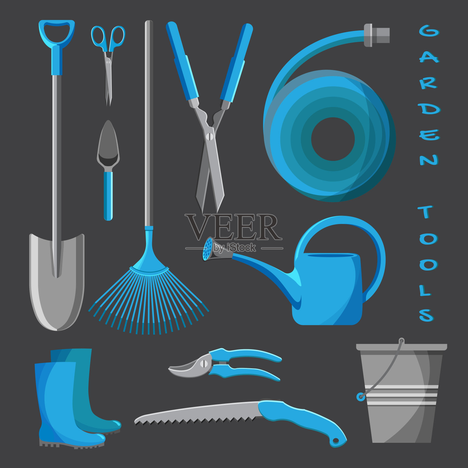 矢量花园工具孤立在黑暗的背景。插画图片素材