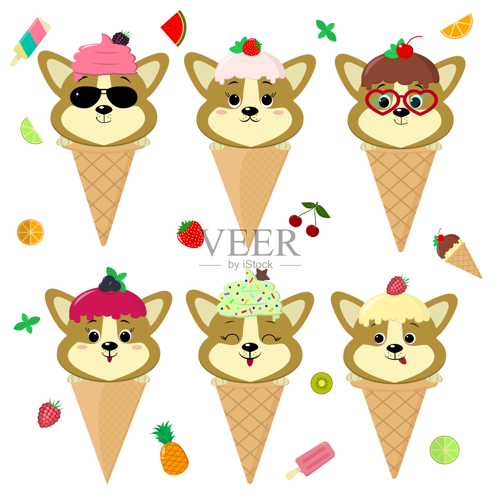集合了六只柯基犬在冰淇淋的形象。一个卡通风格的带浆果的冰淇淋，放在华夫蛋筒的头上。水果和浆果。平的,向量插画图片素材