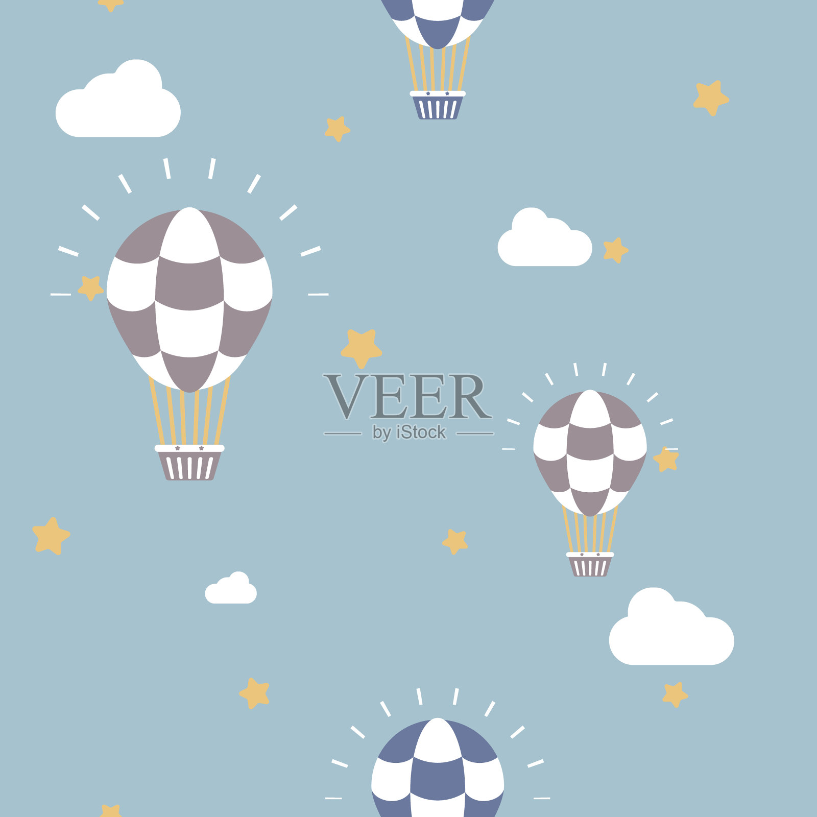 无缝热气球与天空，云和星星重复图案背景插画图片素材