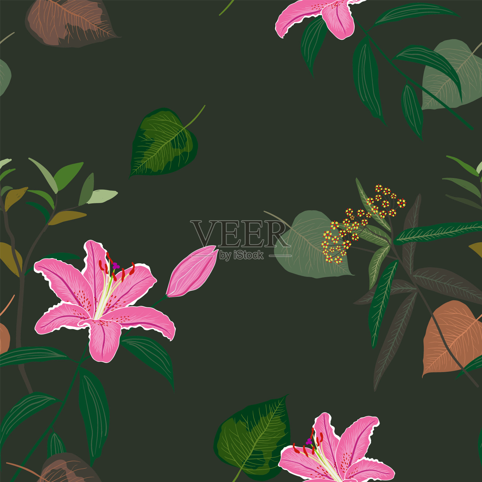 盛开的美丽甜蜜的粉红色百合无缝图案，异国情调的热带叶子在黑暗的夏夜背景插画图片素材