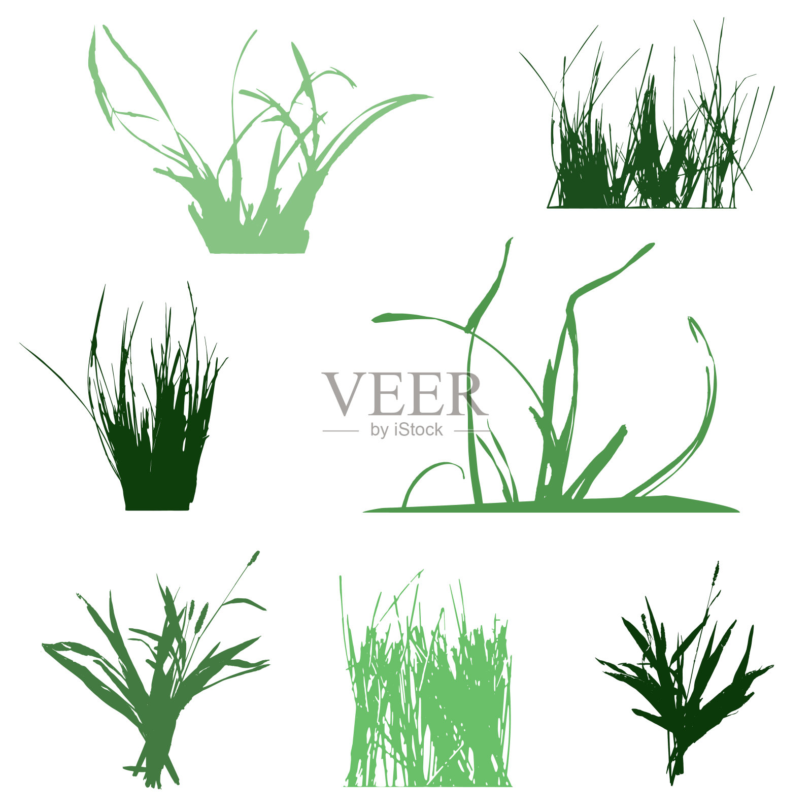 设置与草的剪影，绿色矢量插图上的白色插画图片素材
