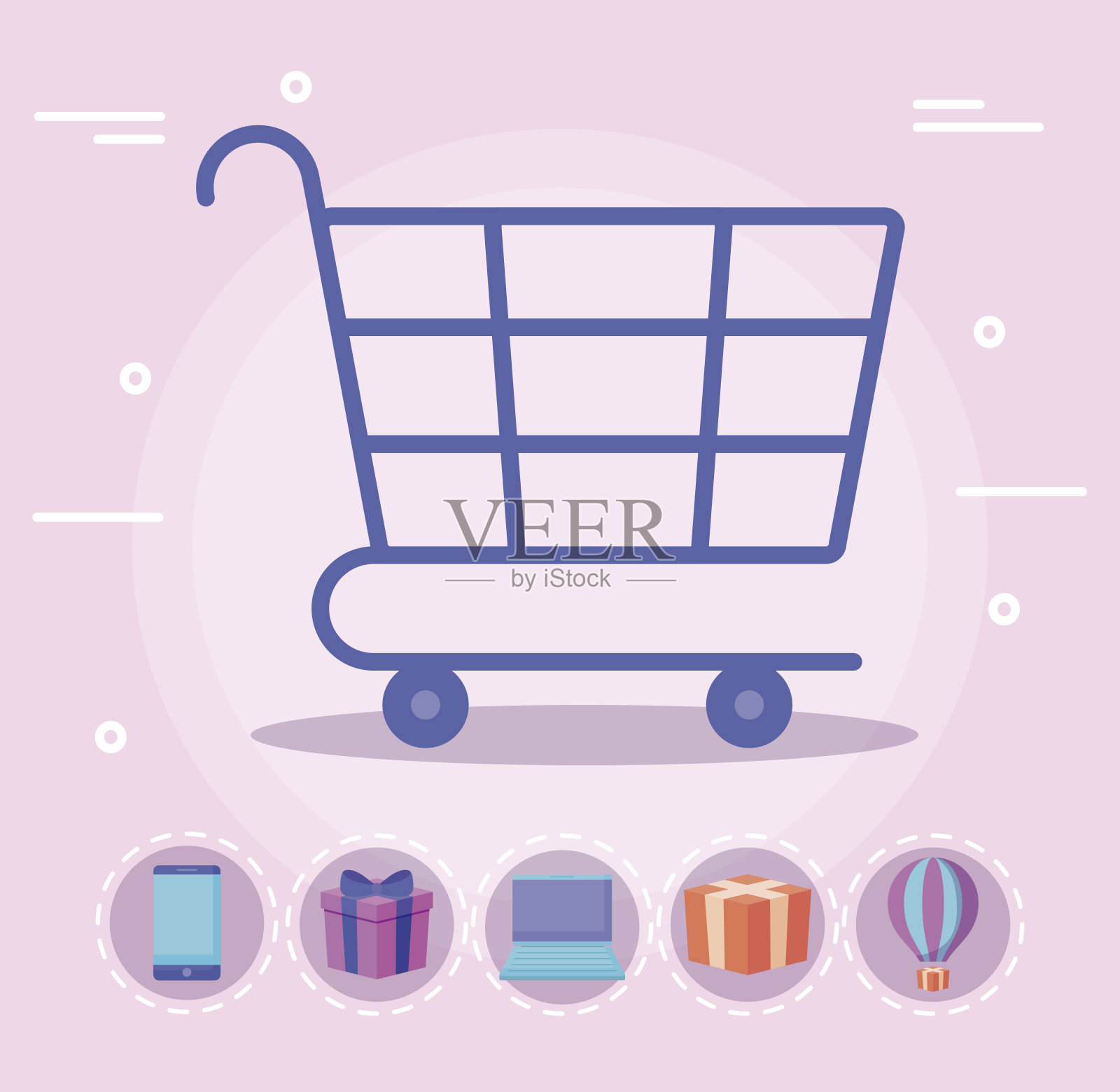 带有商业图标的购物车插画图片素材