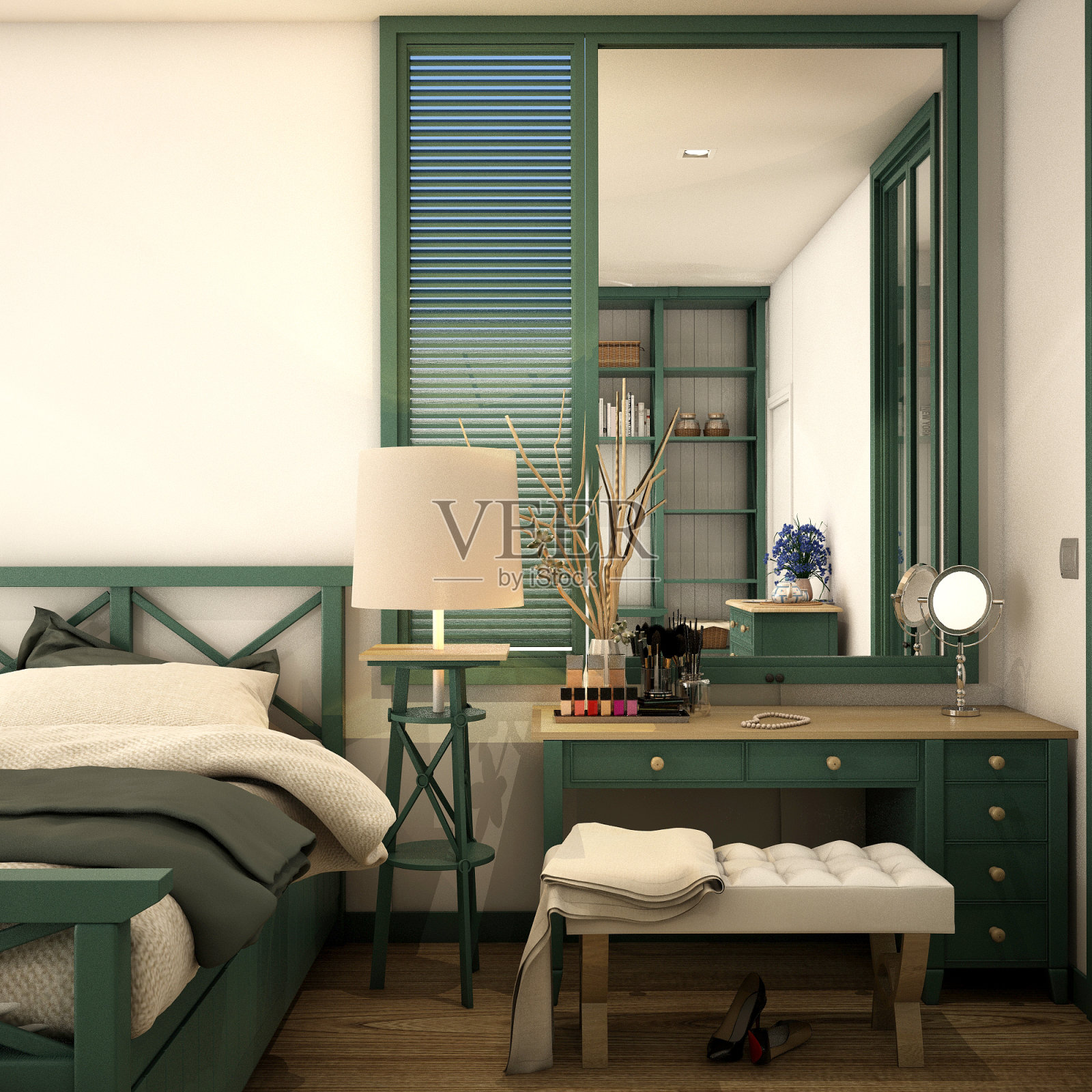 复古风格的卧室室内设计，3d插图，3d渲染照片摄影图片