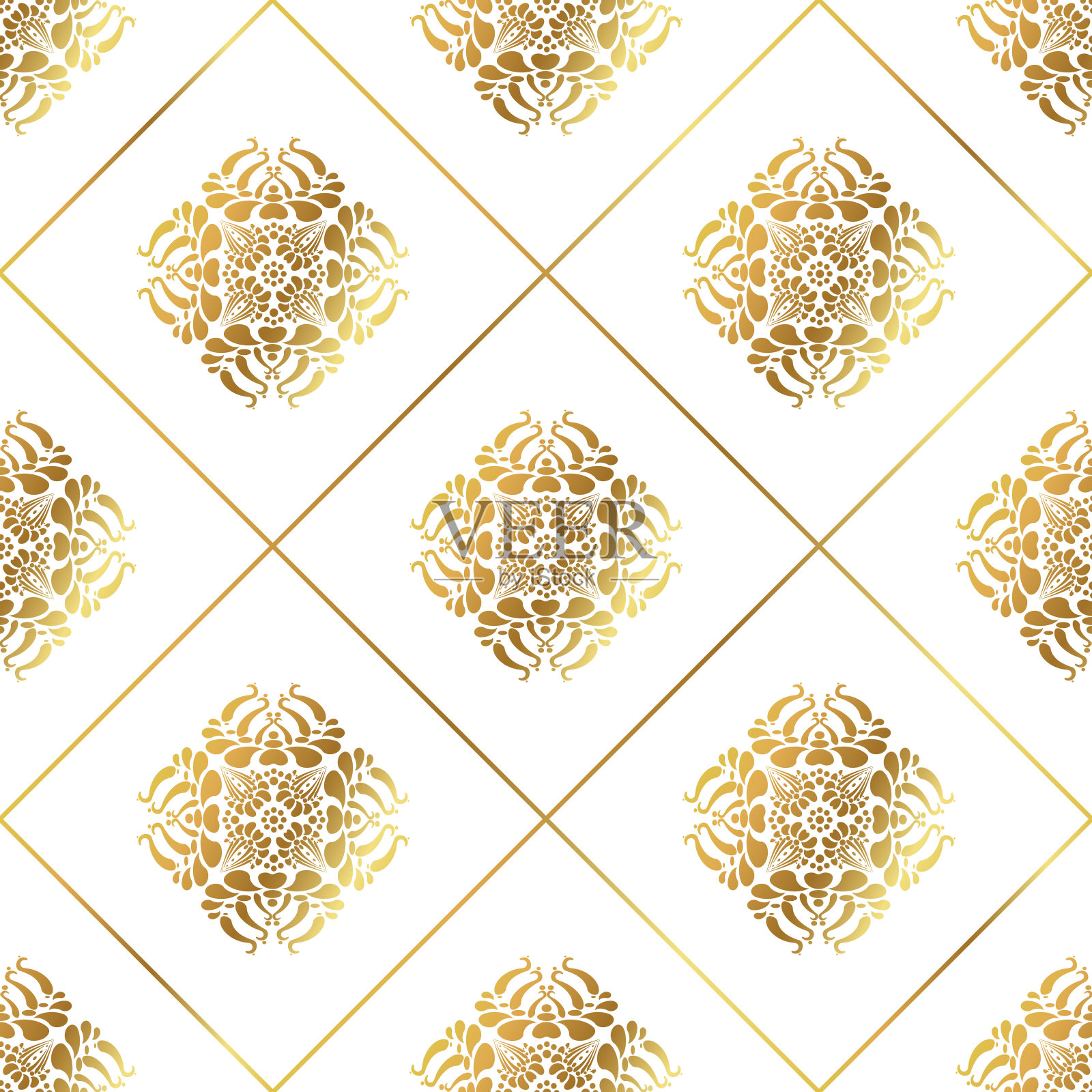 传统的印度无缝模式。藏传佛教金饰母题。阿拉伯装饰的时尚纺织印花。奢华的金色复古图形元素在白色。抽象向量莲花。插画图片素材