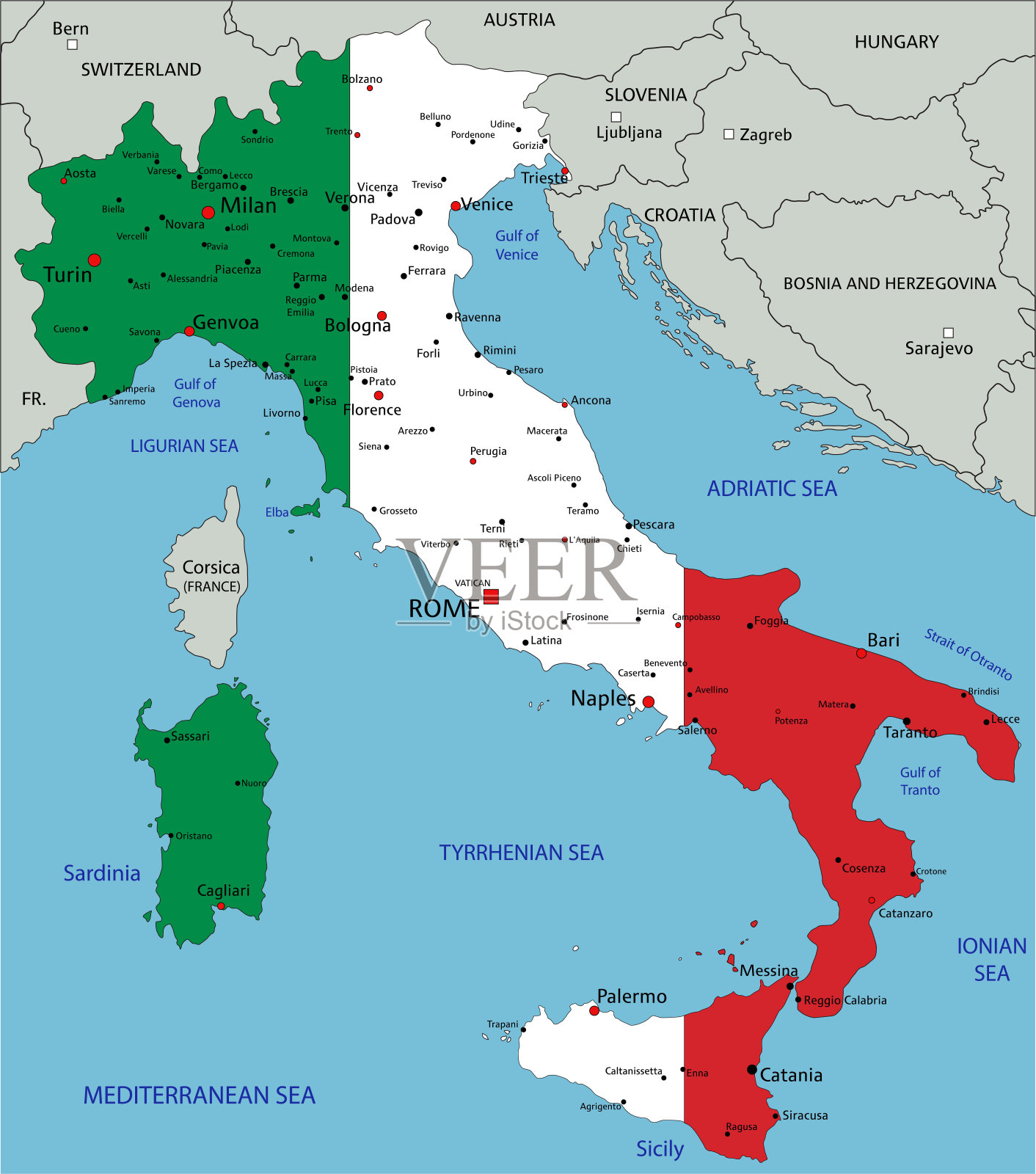 意大利高度详细的政治地图与国旗。插画图片素材