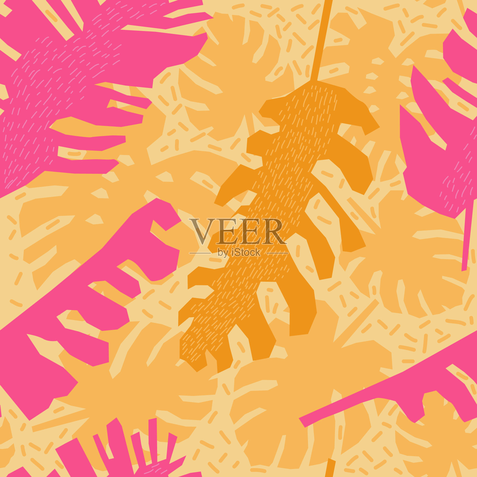 向量丛林无缝模式与黄色和粉红色的怪物和棕榈叶。现代背景墙纸，织物，印刷品，卡片，包装。插画图片素材