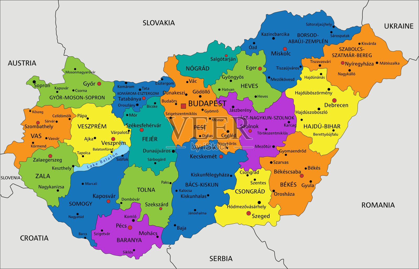色彩丰富的匈牙利政治地图，清楚地标记，分离的层。插画图片素材