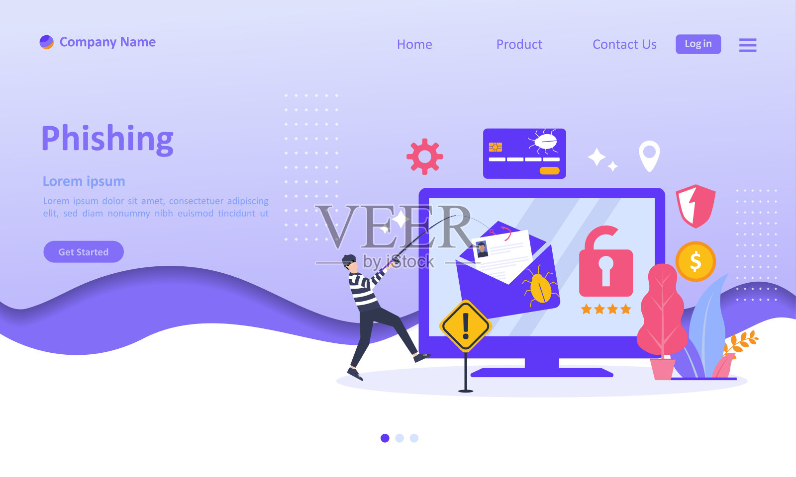 网络钓鱼在线威胁概念，黑客窃取数据帐户，适合网页登陆页面，ui，移动应用程序，横幅模板。矢量图设计模板素材