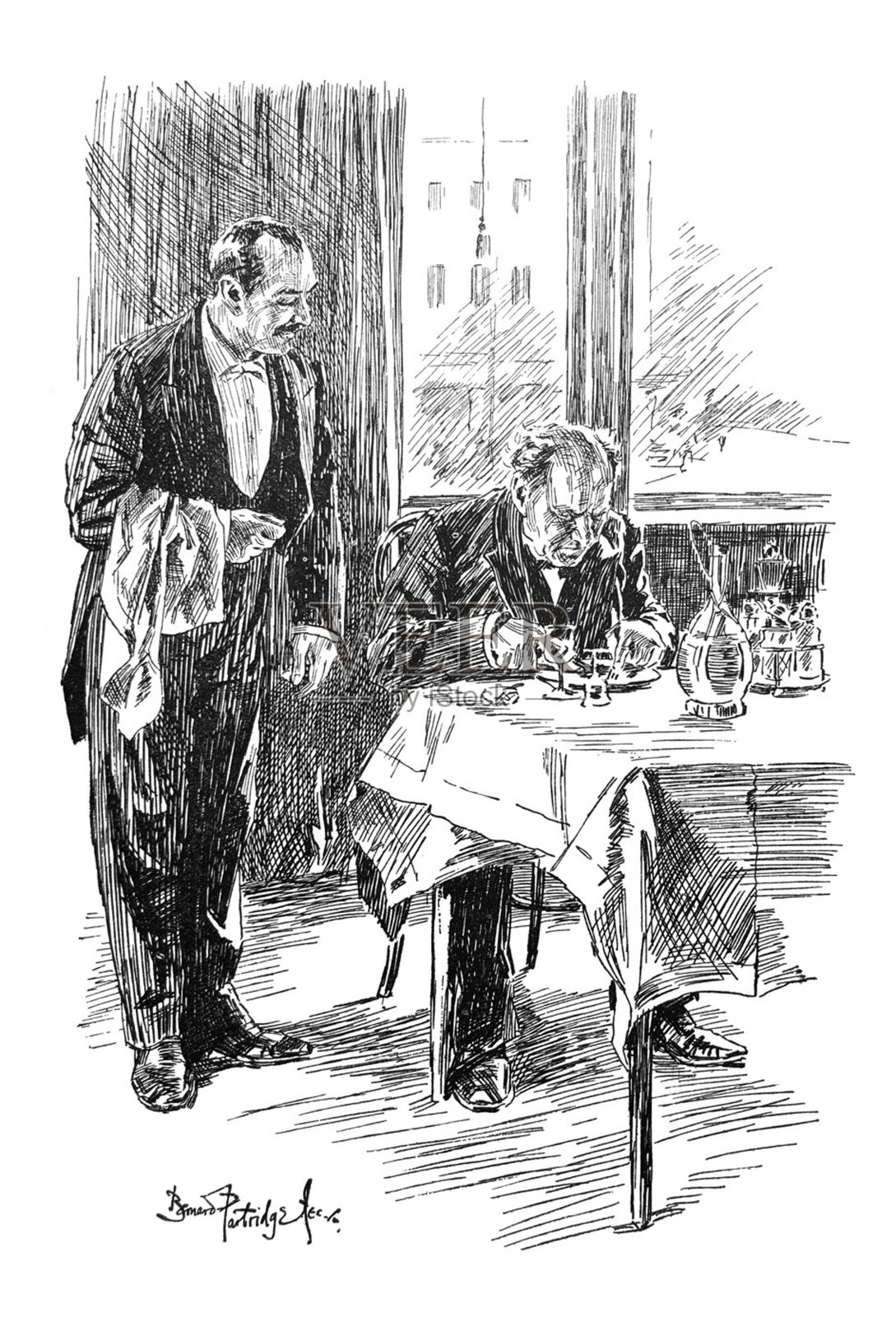 英国讽刺漫画漫画插图-一个人独自在餐馆吃饭，服务员站在他旁边插画图片素材