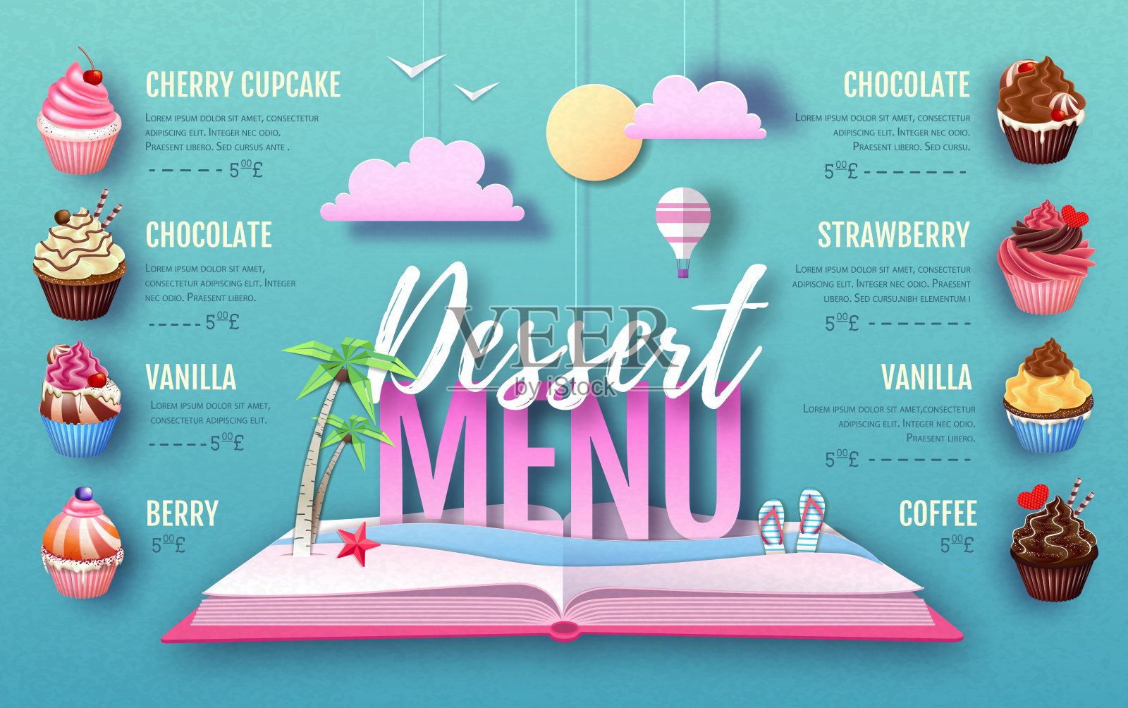 甜点杯形蛋糕菜单设计。剪纸艺术风格设计。折纸设计模板素材