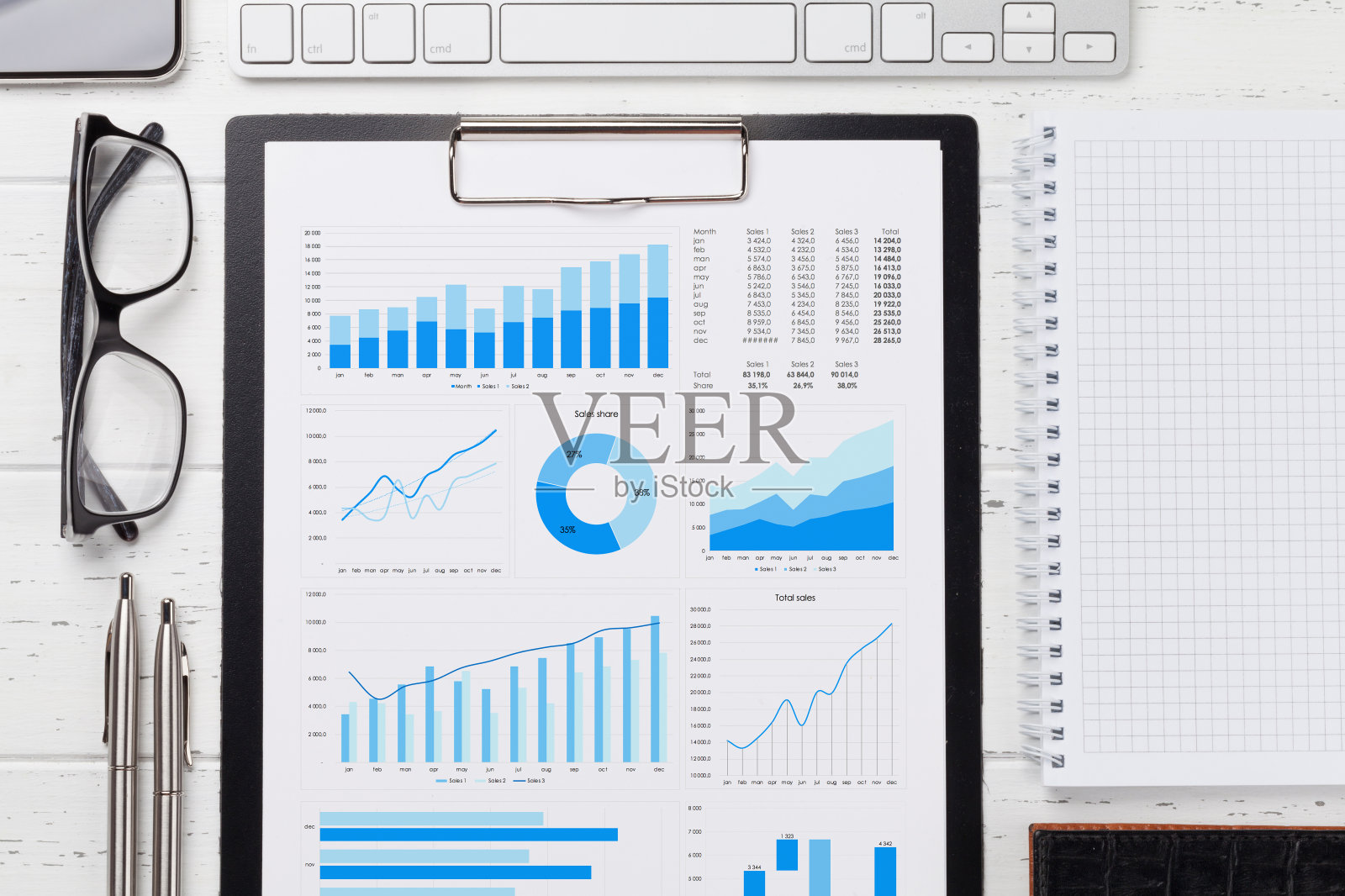 办公室工作场所表与报告页照片摄影图片