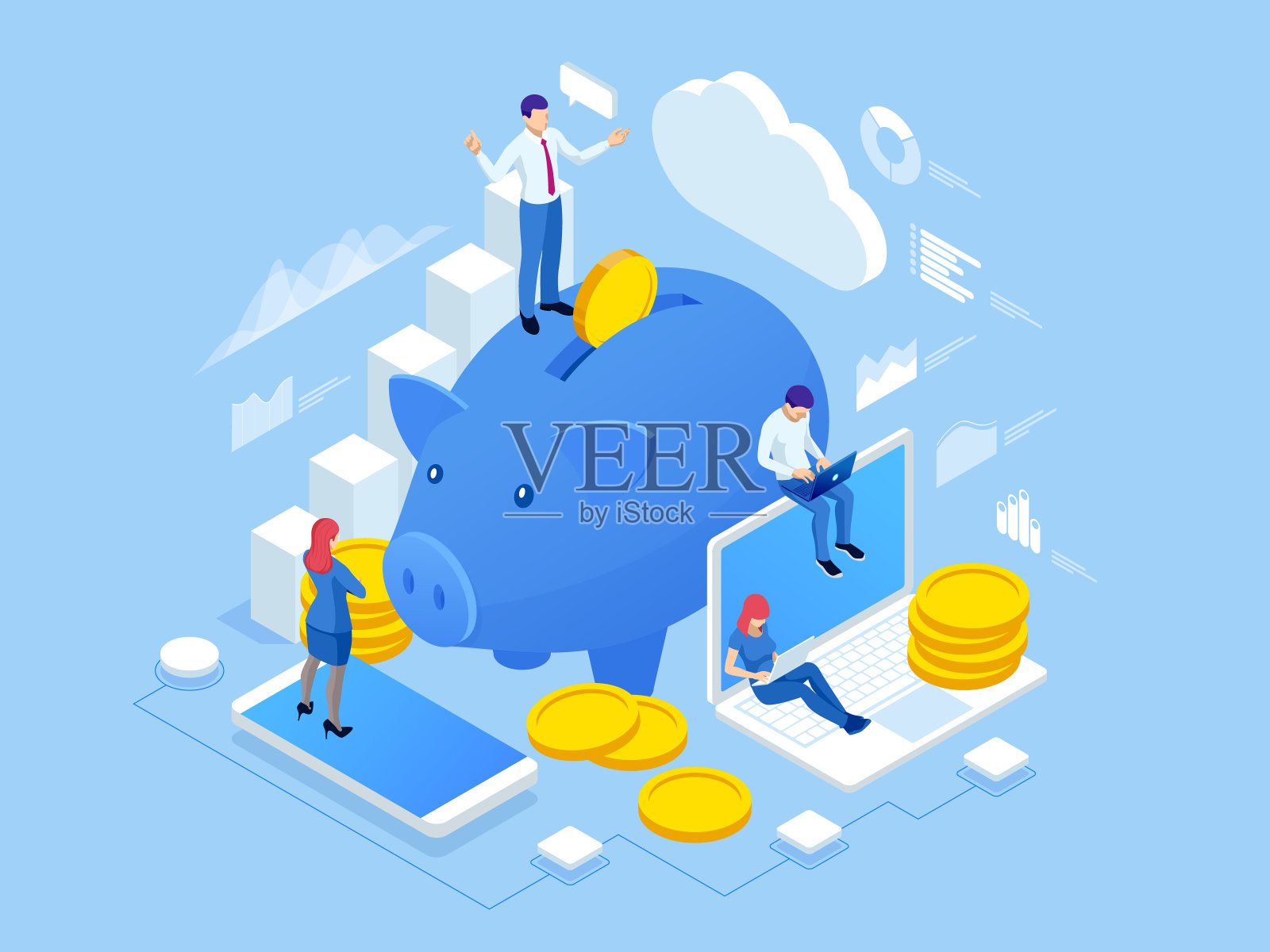 等距的人与投资的商业概念。投资和虚拟金融。商业投资解决方案，分析概念。插画图片素材