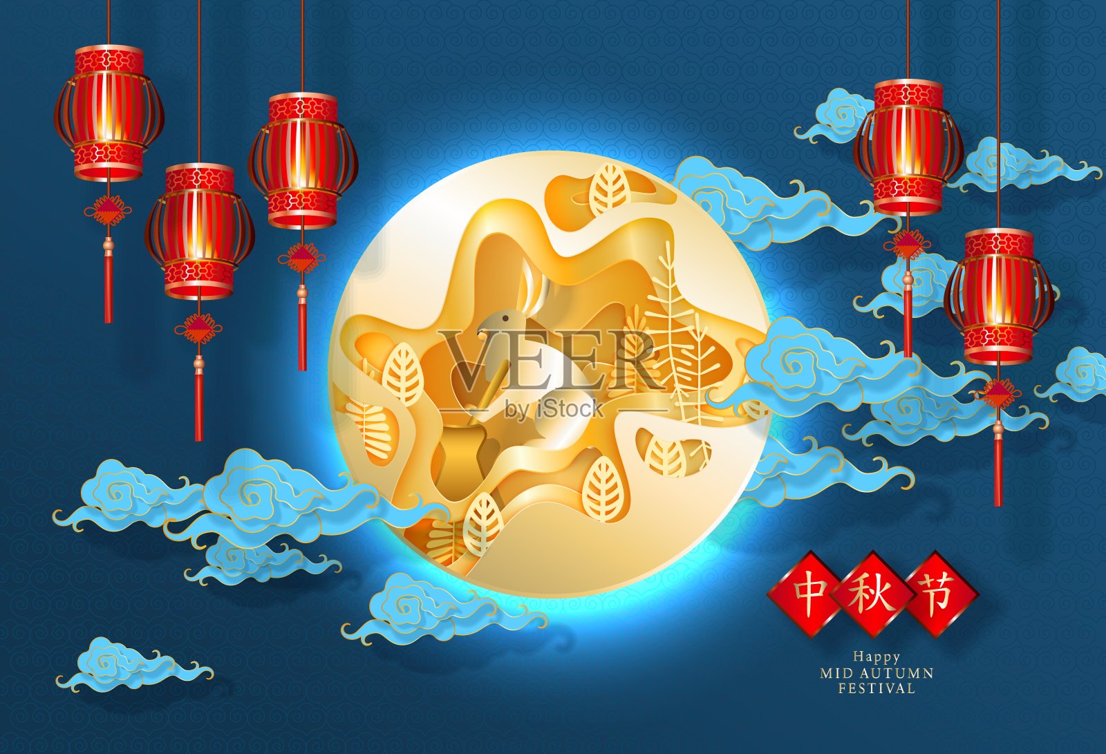 中国中秋节矢量设计。孔明灯、月兔、云朵插画图片素材