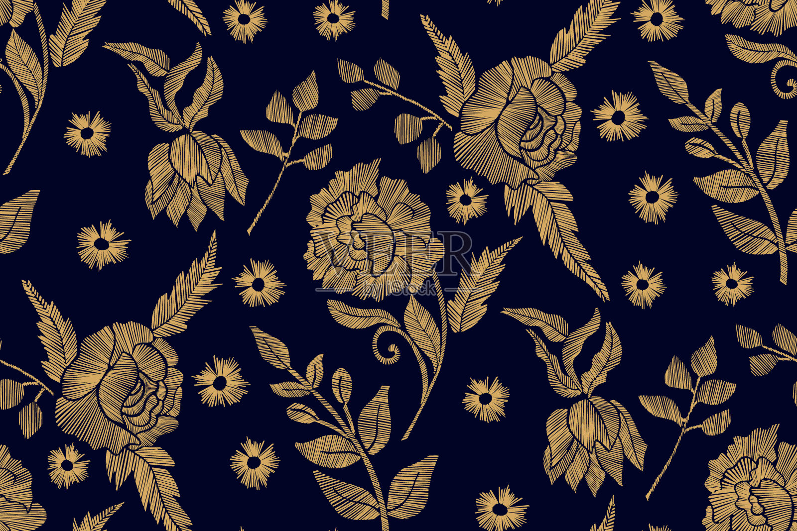 花卉无缝背景图案混合野花和叶子线条艺术。刺绣花朵。矢量插图。纺织设计，插画图片素材