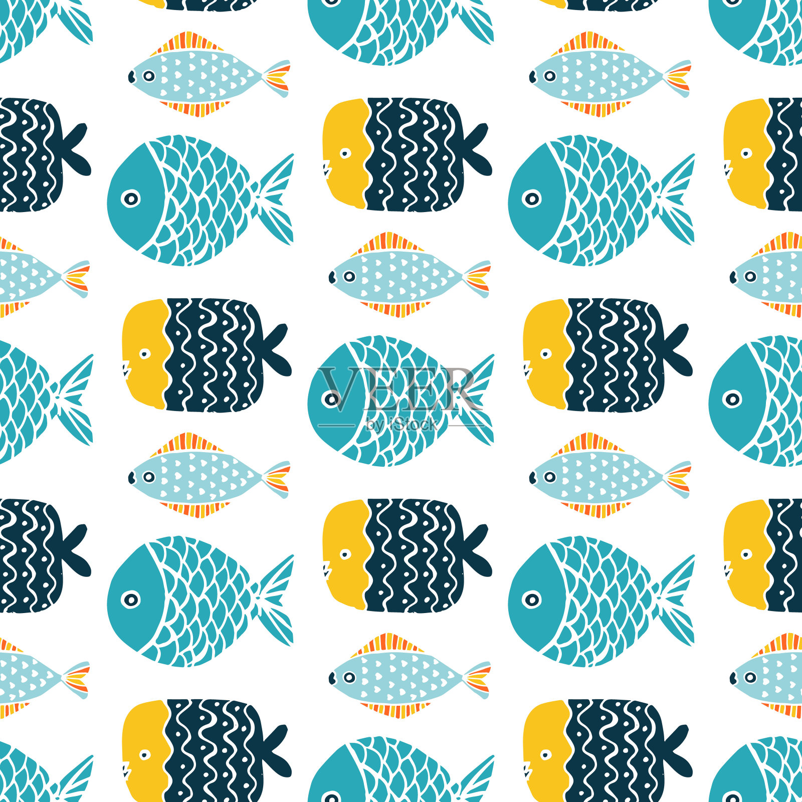 彩色鱼卡通无缝矢量图案插画图片素材
