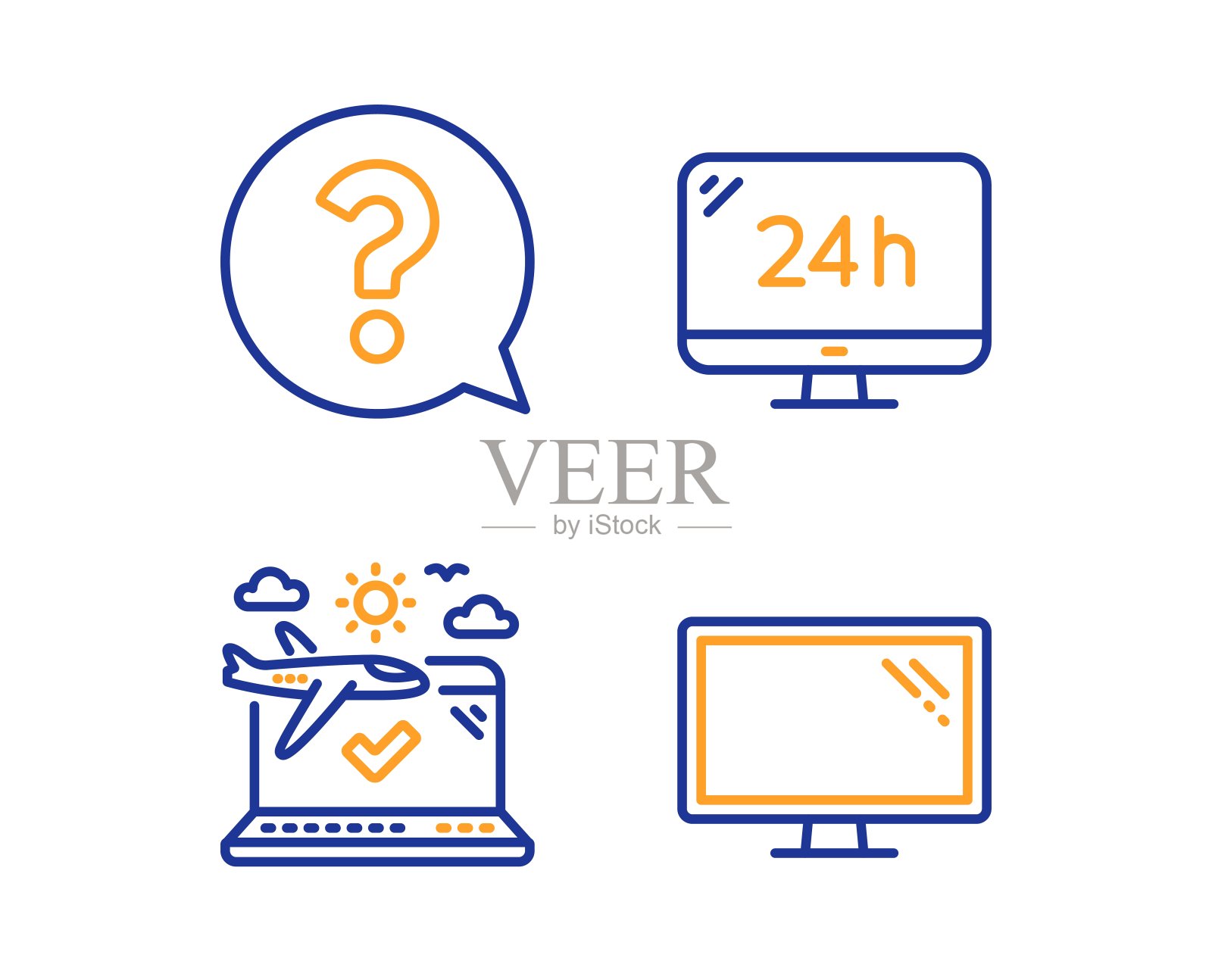 24小时服务，问号和飞机旅行图标集。监控信号。呼叫支持，帮助支持，检查。向量图标素材