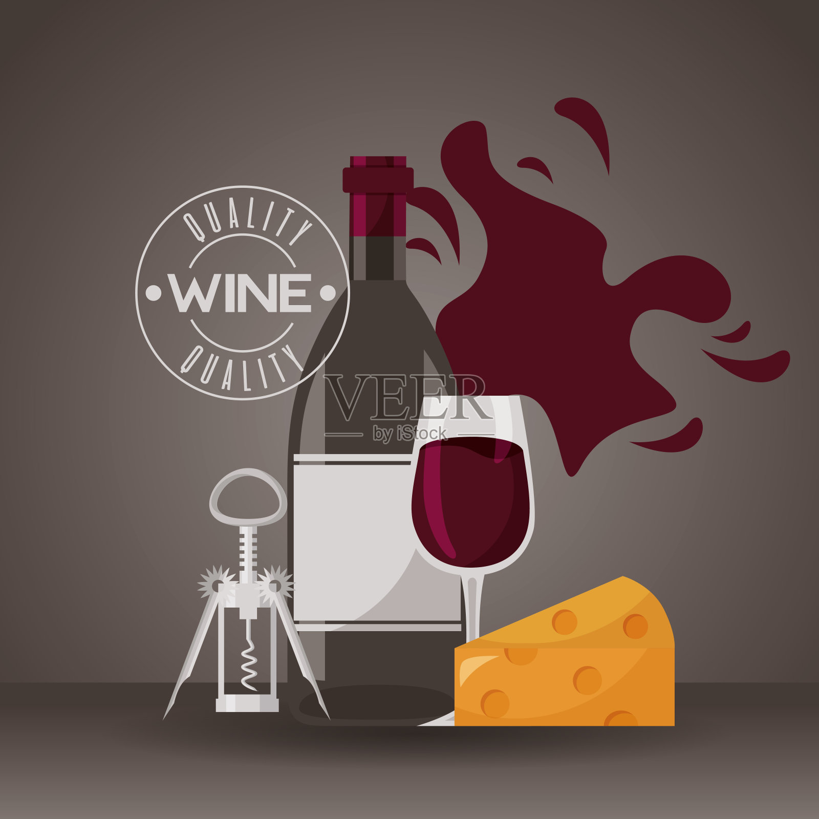 红酒、酒瓶、奶酪和开瓶器插画图片素材