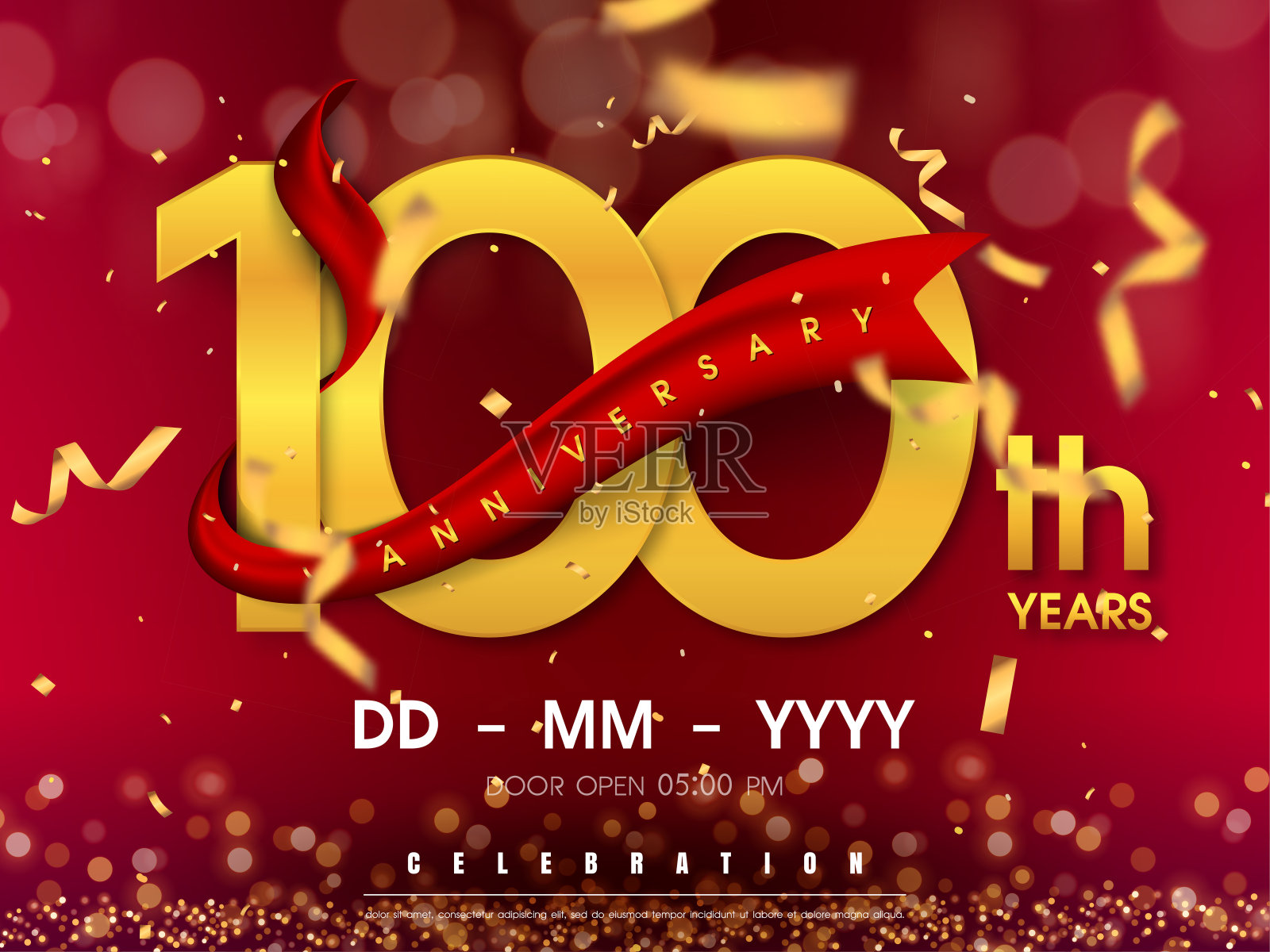 百年纪念标志模板上的黄金背景。100庆祝金色数字与红丝带矢量和纸屑孤立的设计元素插画图片素材