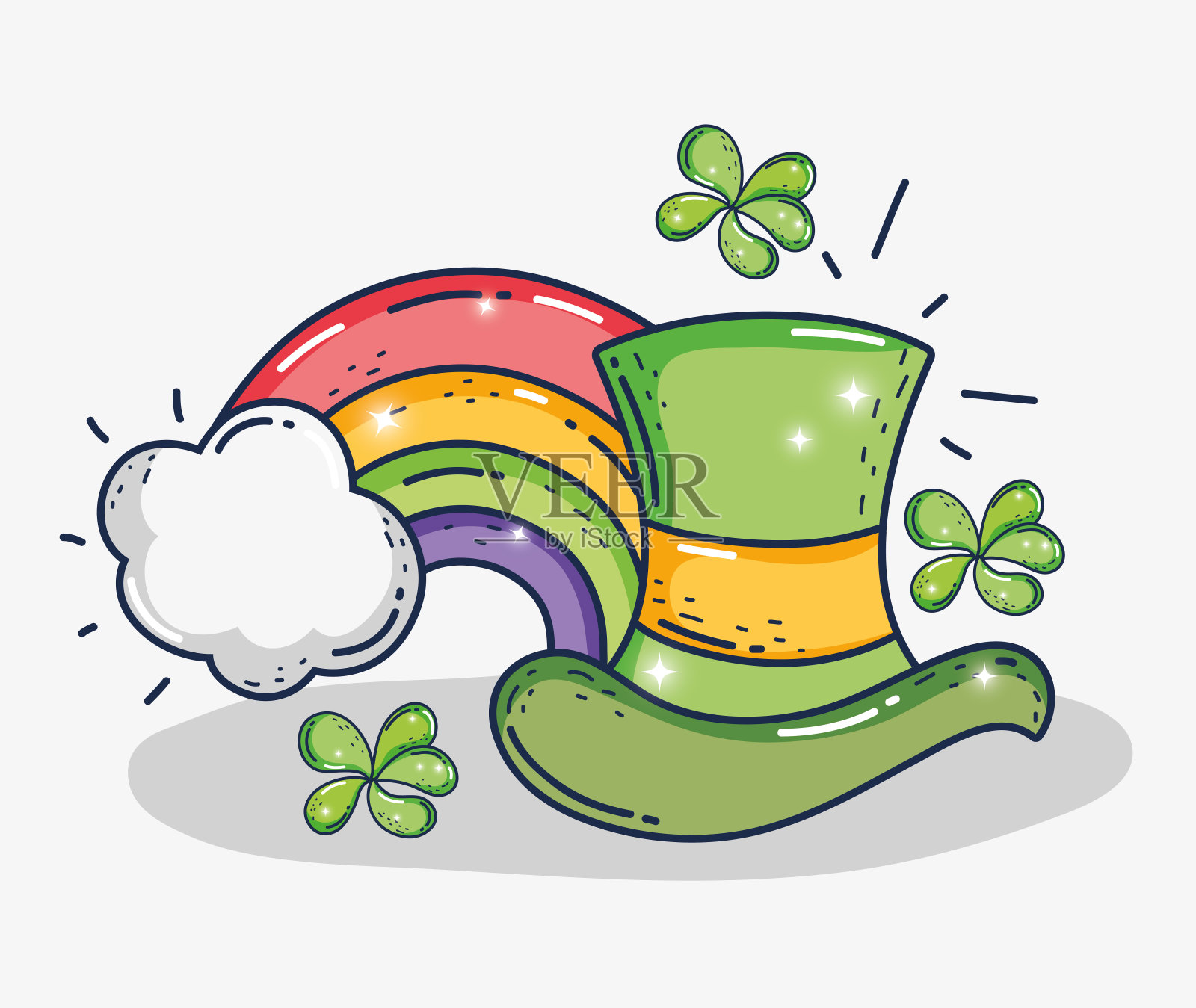带有彩虹和三叶草的圣帕特里克帽子插画图片素材